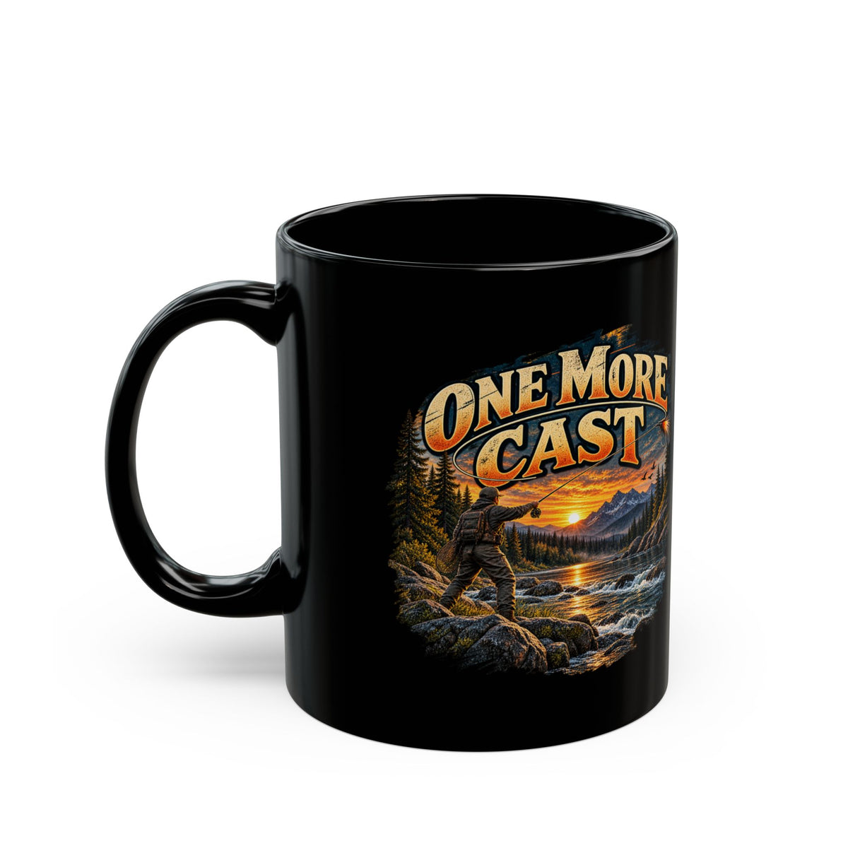 One More Cast Black Fishing Mug – Vintage Angler Mug