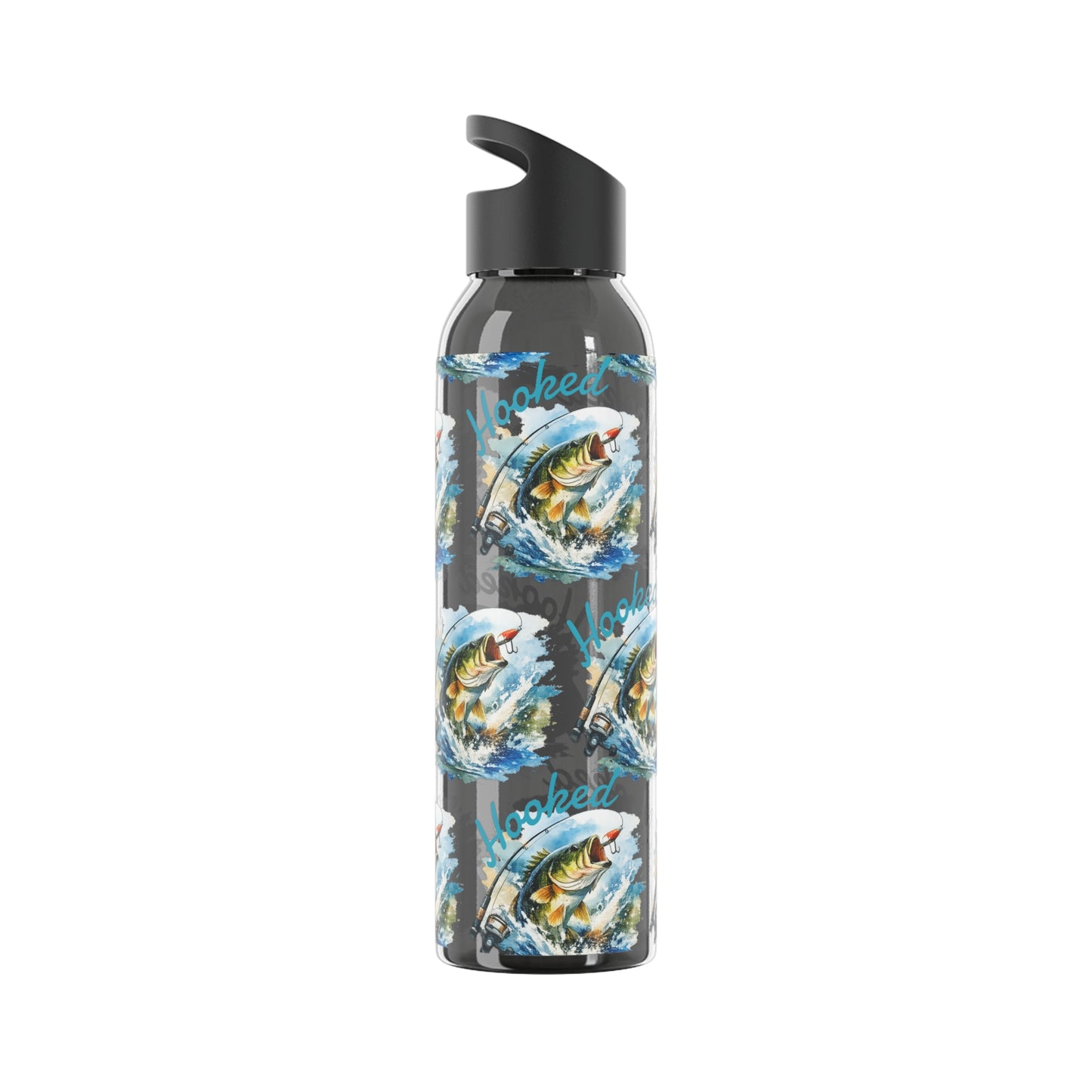 Bouteille d'eau graphique de pêche, poisson accroché, éclaboussures, bouteille de boisson