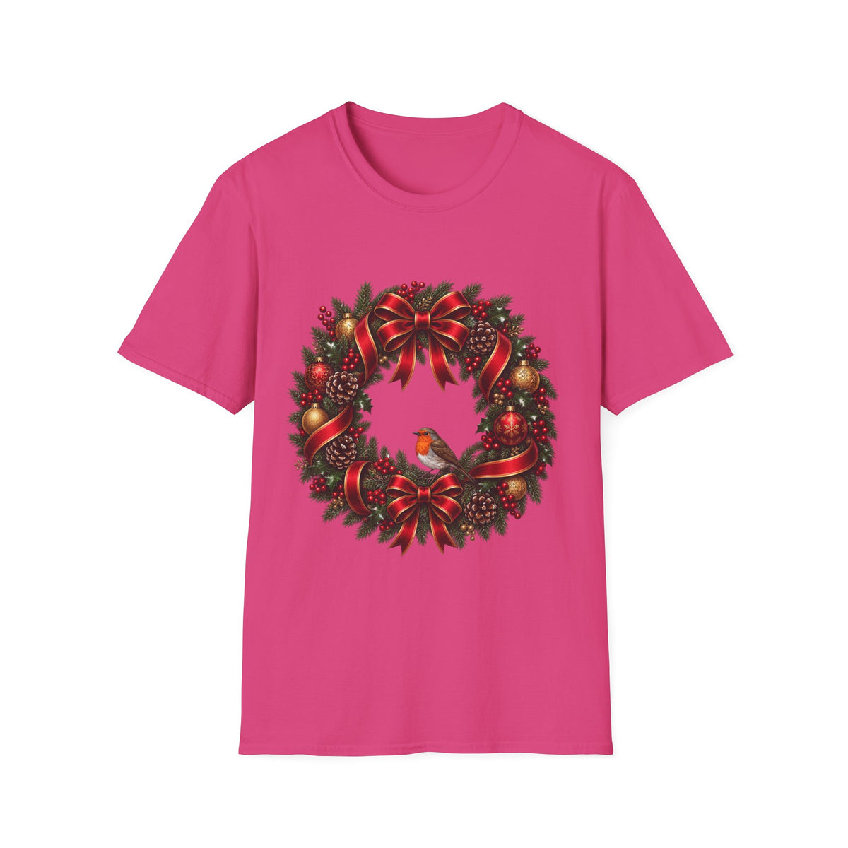 Christmas Wreath & Robin T-Shirt – Festive Botanical Tee