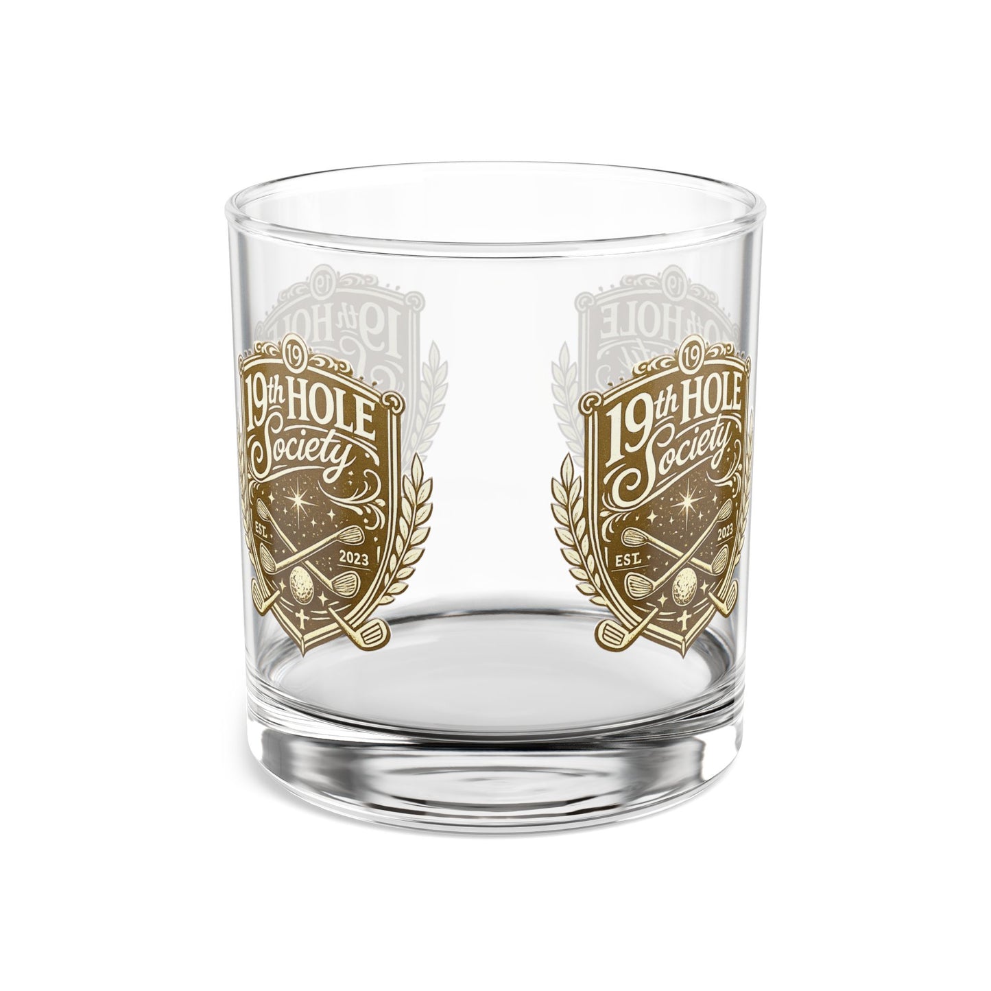 19th Hole Society Golf Glass Tumbler | Premium Golf Whiskey Glass | Repeating Crest Design