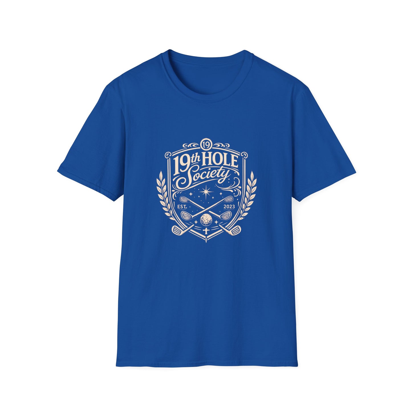 19th Hole Society Golf T-Shirt | Vintage Crest Front Print Tee | Premium Golf Apparel