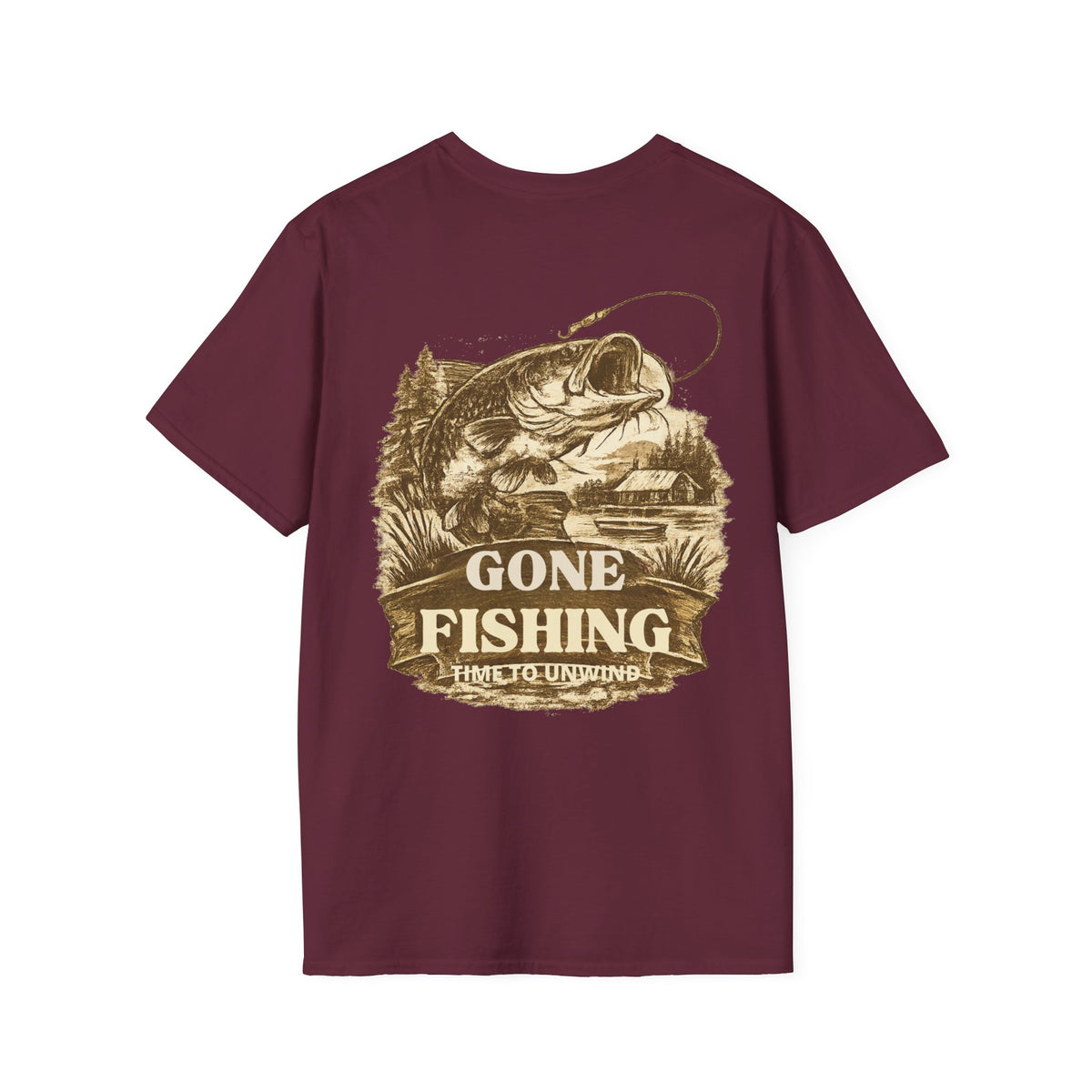 Gone Fishing Back Print T-Shirt – Vintage Sepia Fishing Tee