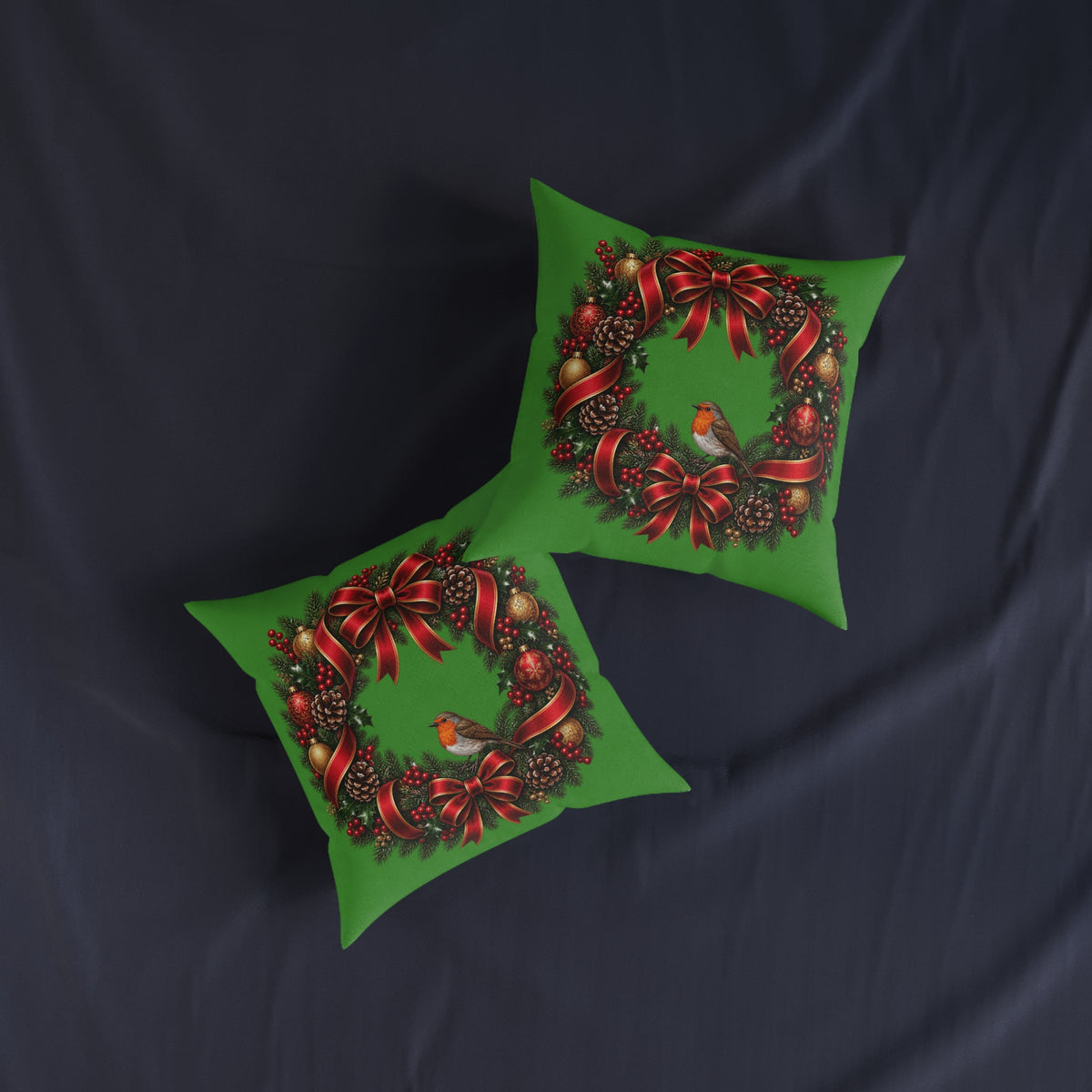 Christmas Wreath & Robin Faux Suede Cushion – Festive Christmas Cushion