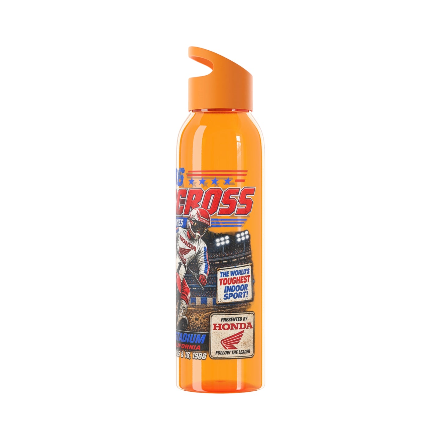 Supercross 1986 Moto Racing Water Bottle  Retro Motocross Champion Design