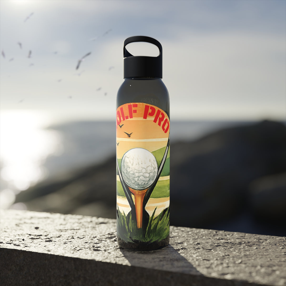 Gourde Golf Pro — Design rétro « Sunset » avec balle et tee de golf