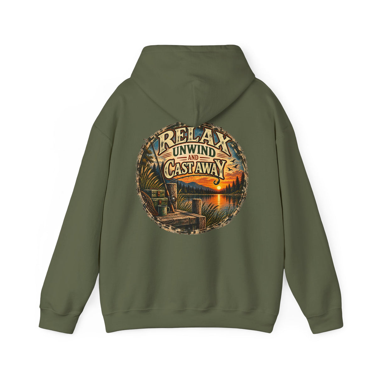 Relax, Unwind & Cast Away Back Print Hoodie – Vintage Fishing Hoodie