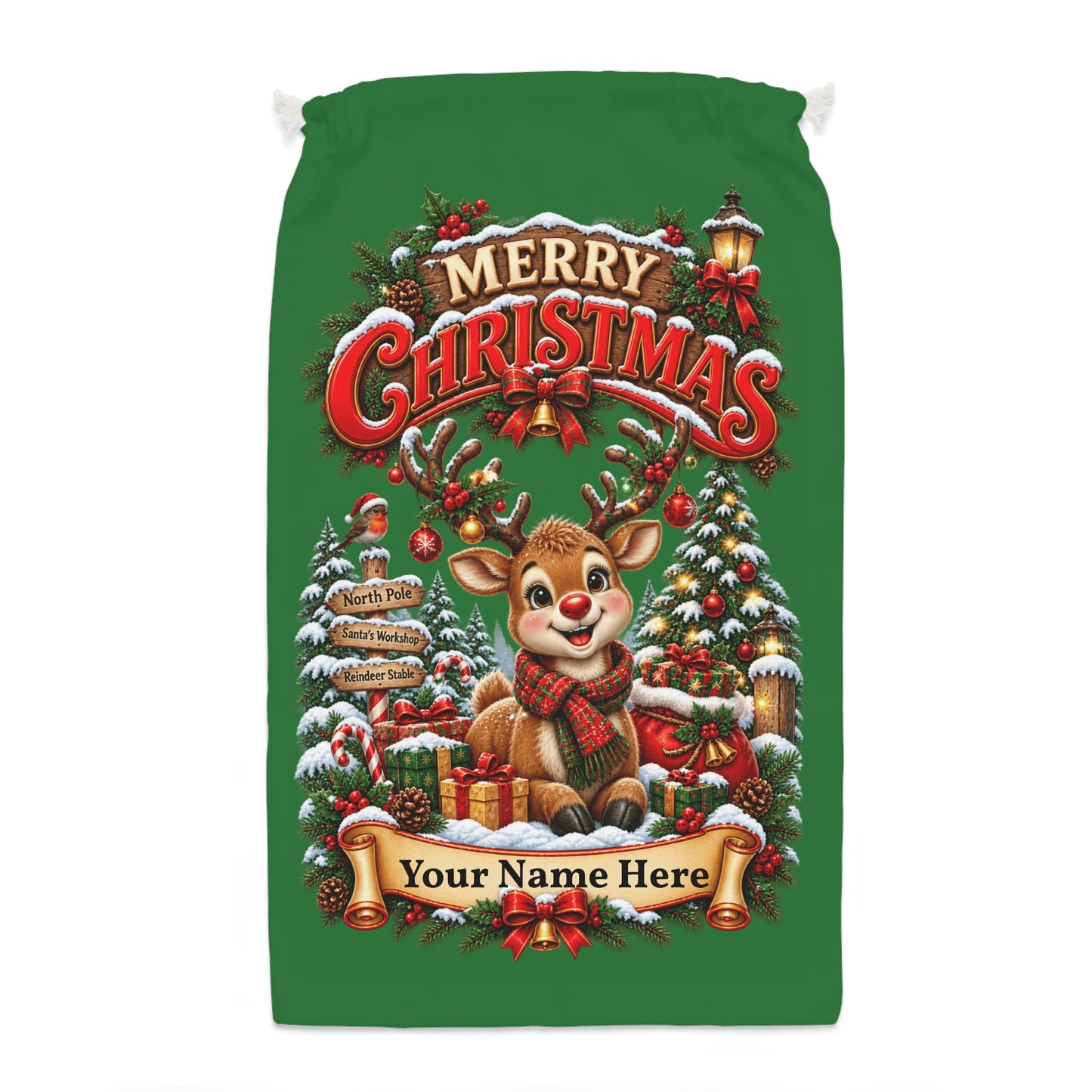 Personalised Reindeer Christmas Sack – Green Christmas Gift Sack