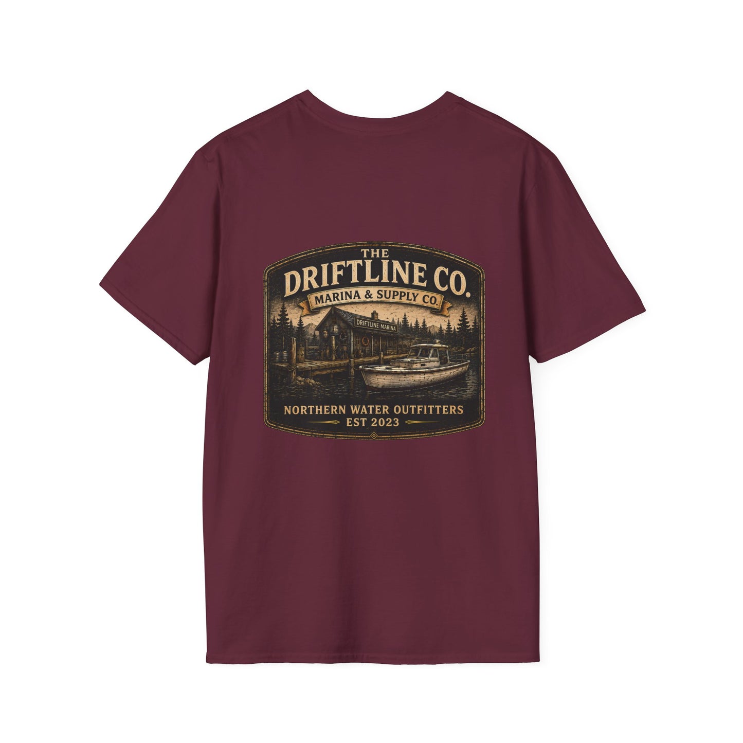 The Driftline Company Marina & Supply Co. Northern Water Outfitters Double-Sided T-Shirt | Vintage Fishing & Boating Tee