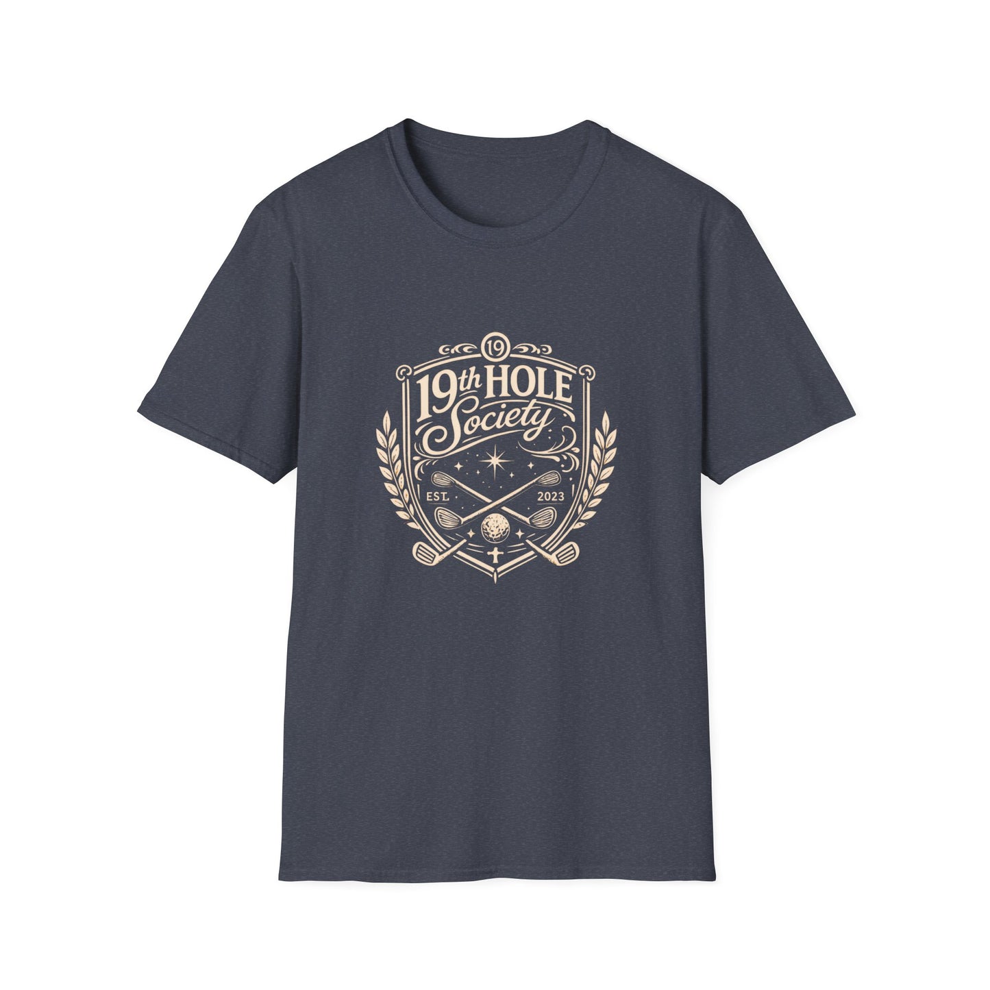 19th Hole Society Golf T-Shirt | Vintage Crest Front Print Tee | Premium Golf Apparel