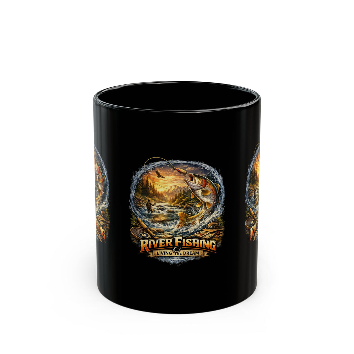 Keramiktasse Angeln am Fluss Lebe den Traum Kaffeetasse Schwarz (325 ml)