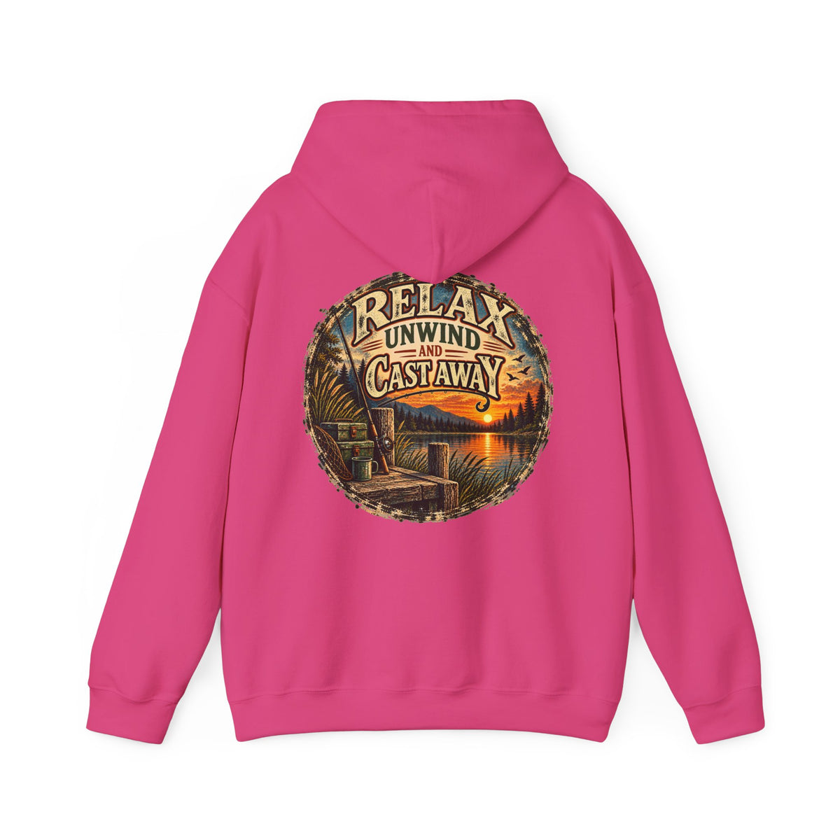 Relax, Unwind & Cast Away Back Print Hoodie – Vintage Fishing Hoodie