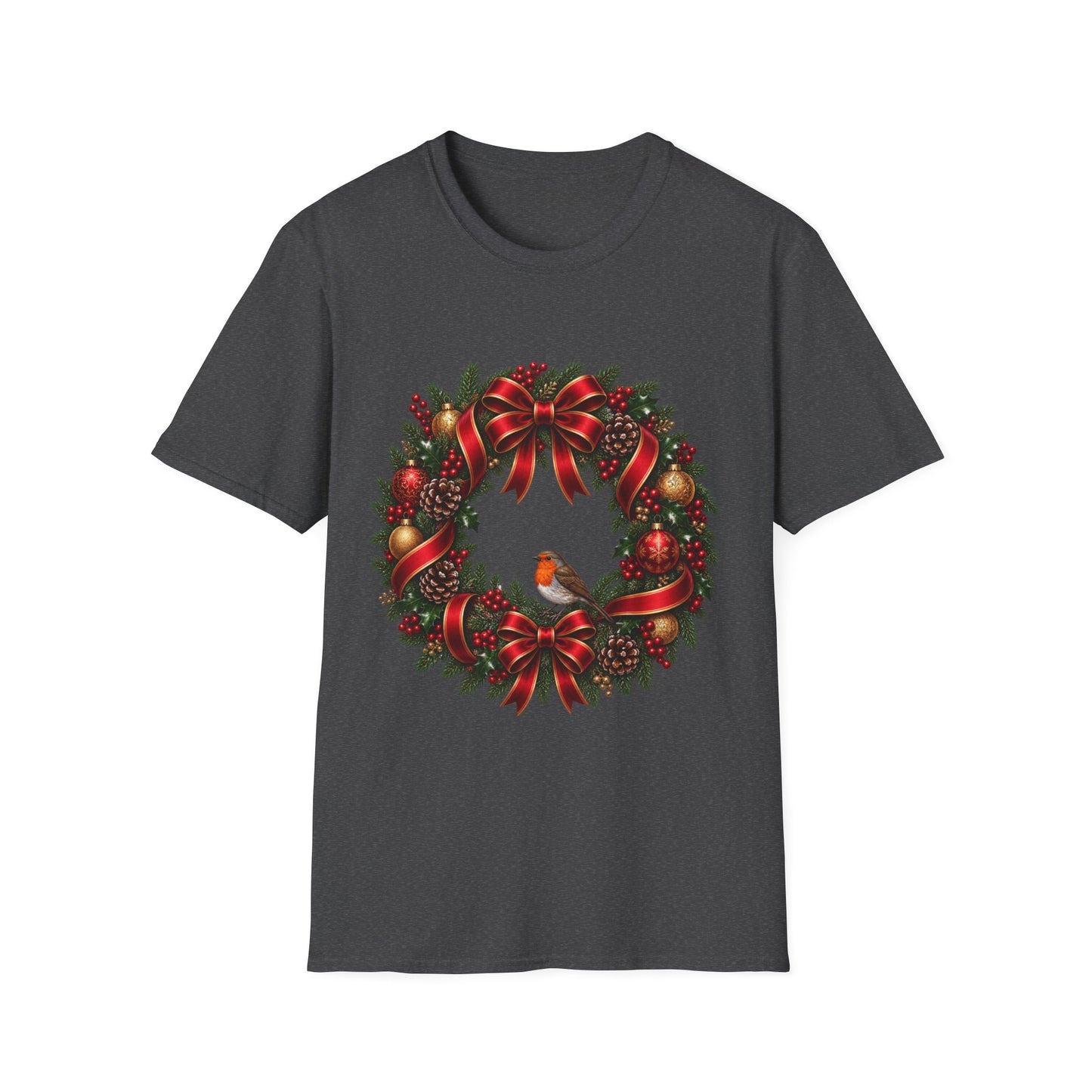 Christmas Wreath & Robin T-Shirt – Festive Botanical Tee