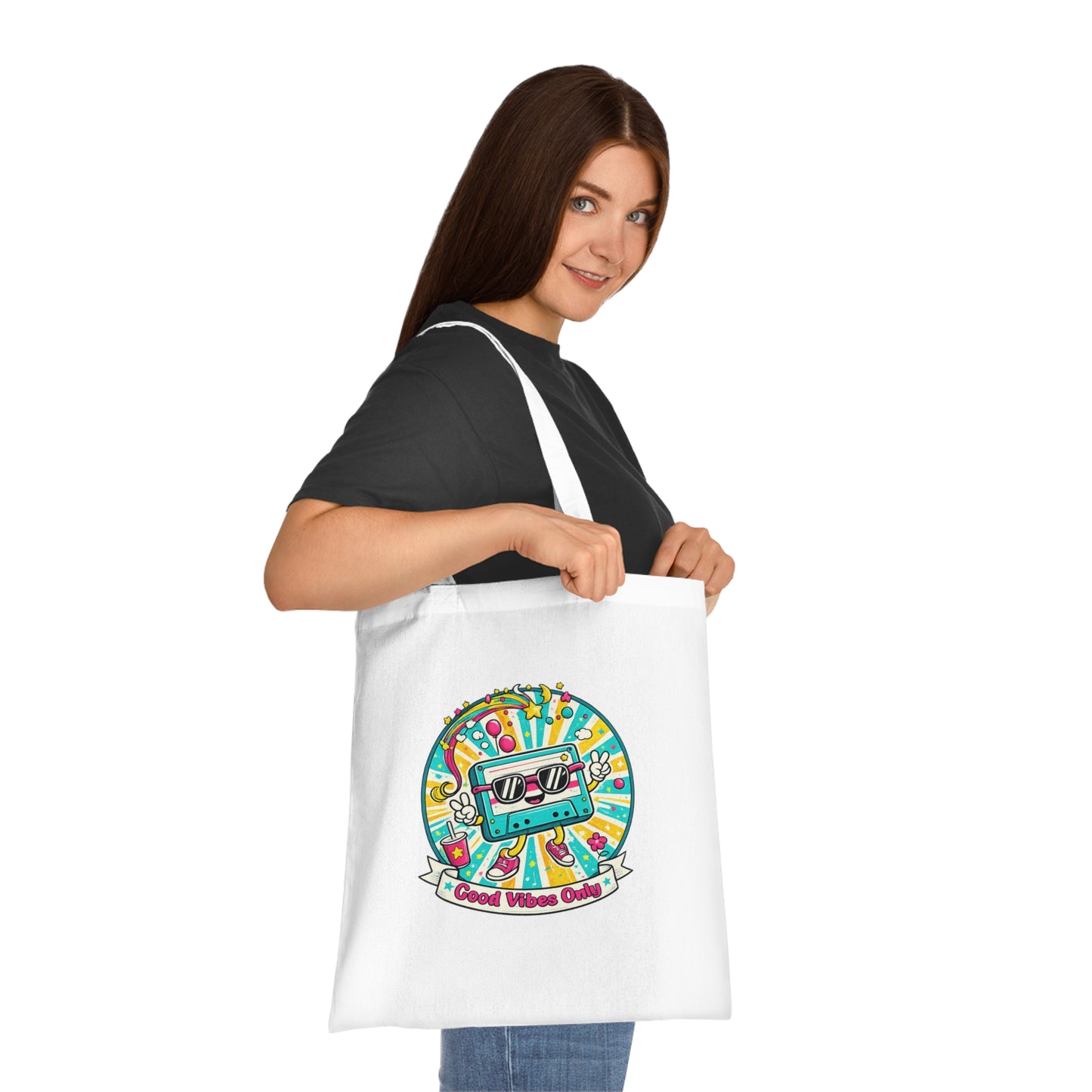 Retro Good Vibes Only Tote Bag | Colourful Cotton Shopping Bag | Reusable Retro Tote | 80s and  90s Inspired Gift