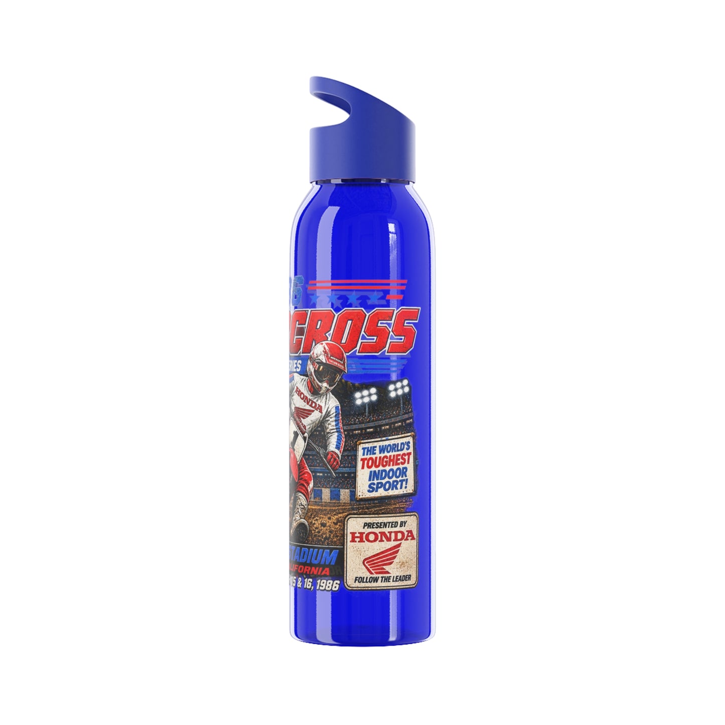 Supercross 1986 Moto Racing Water Bottle  Retro Motocross Champion Design
