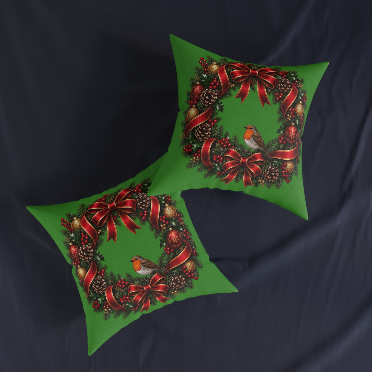 Christmas Wreath & Robin Faux Suede Cushion – Festive Christmas Cushion