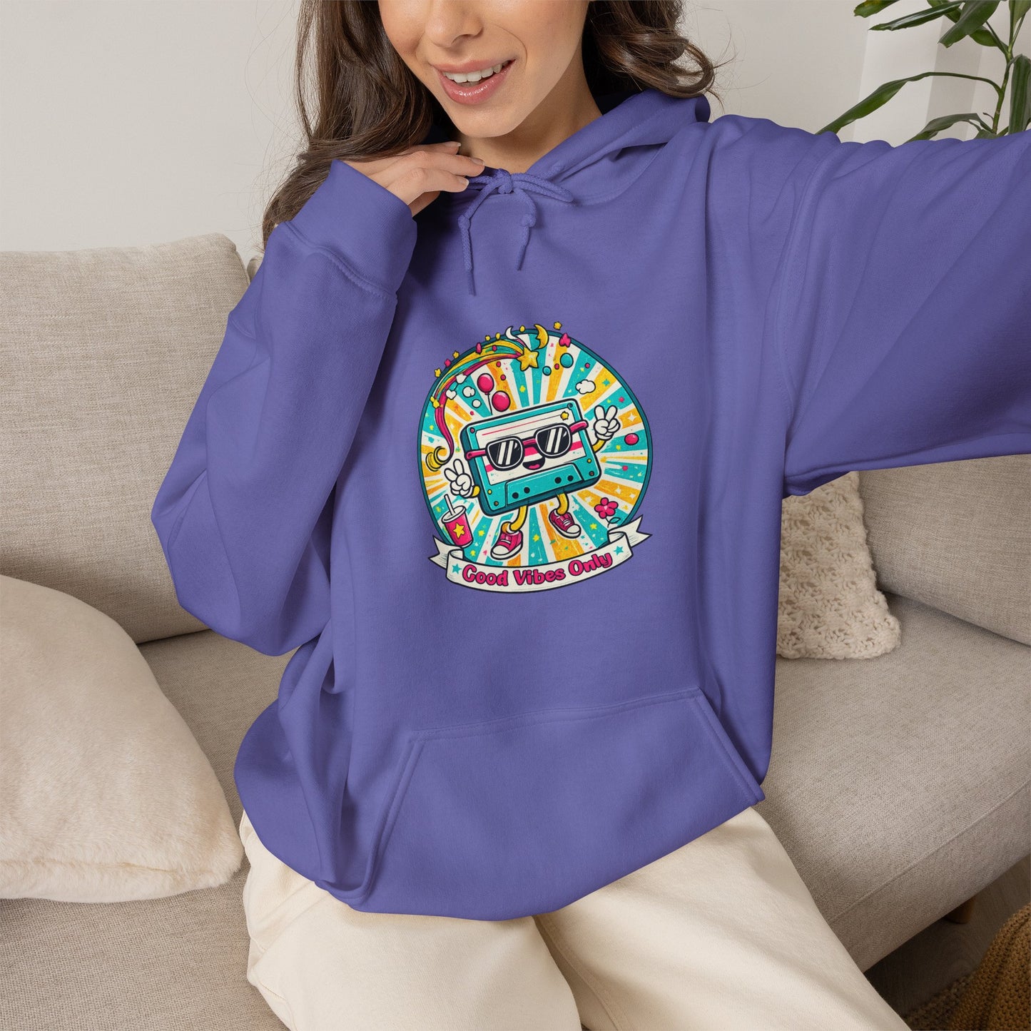 Retro Good Vibes Only Hoodie  Colourful Retro Cassette Hoodie  80s and 90s Inspired Unisex Hooded Sweatshirt