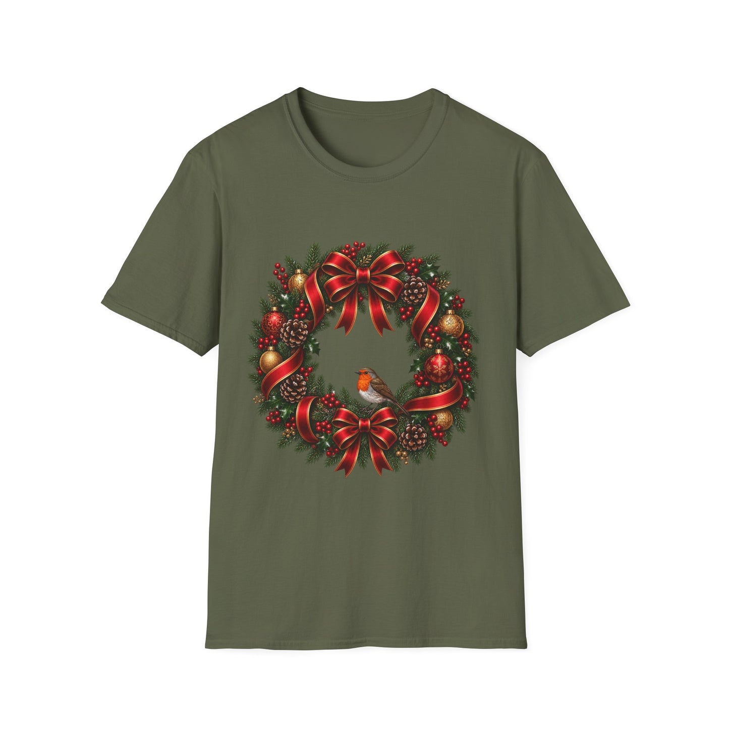 Christmas Wreath & Robin T-Shirt – Festive Botanical Tee