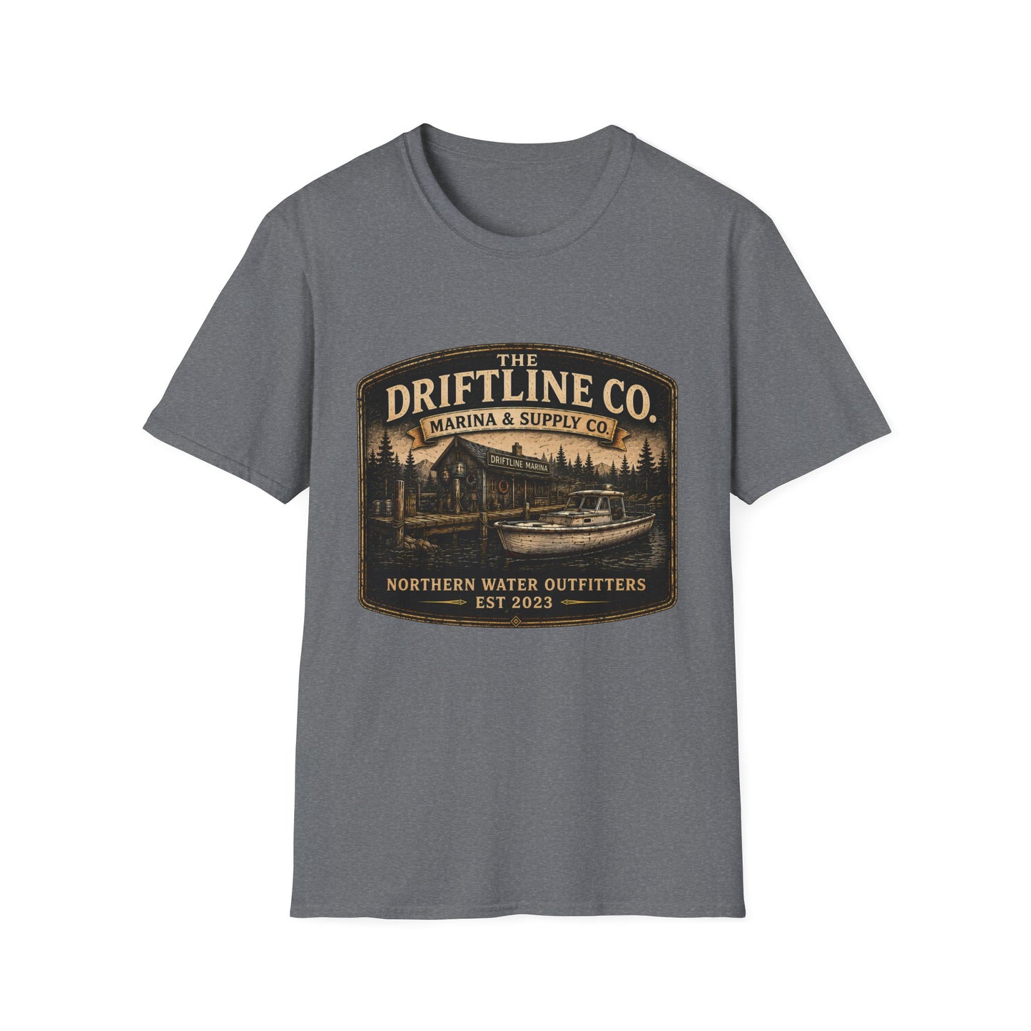 The Driftline Company Marina & Supply Co. Northern Water Outfitters Graphic T-Shirt | Vintage Fishing Tee