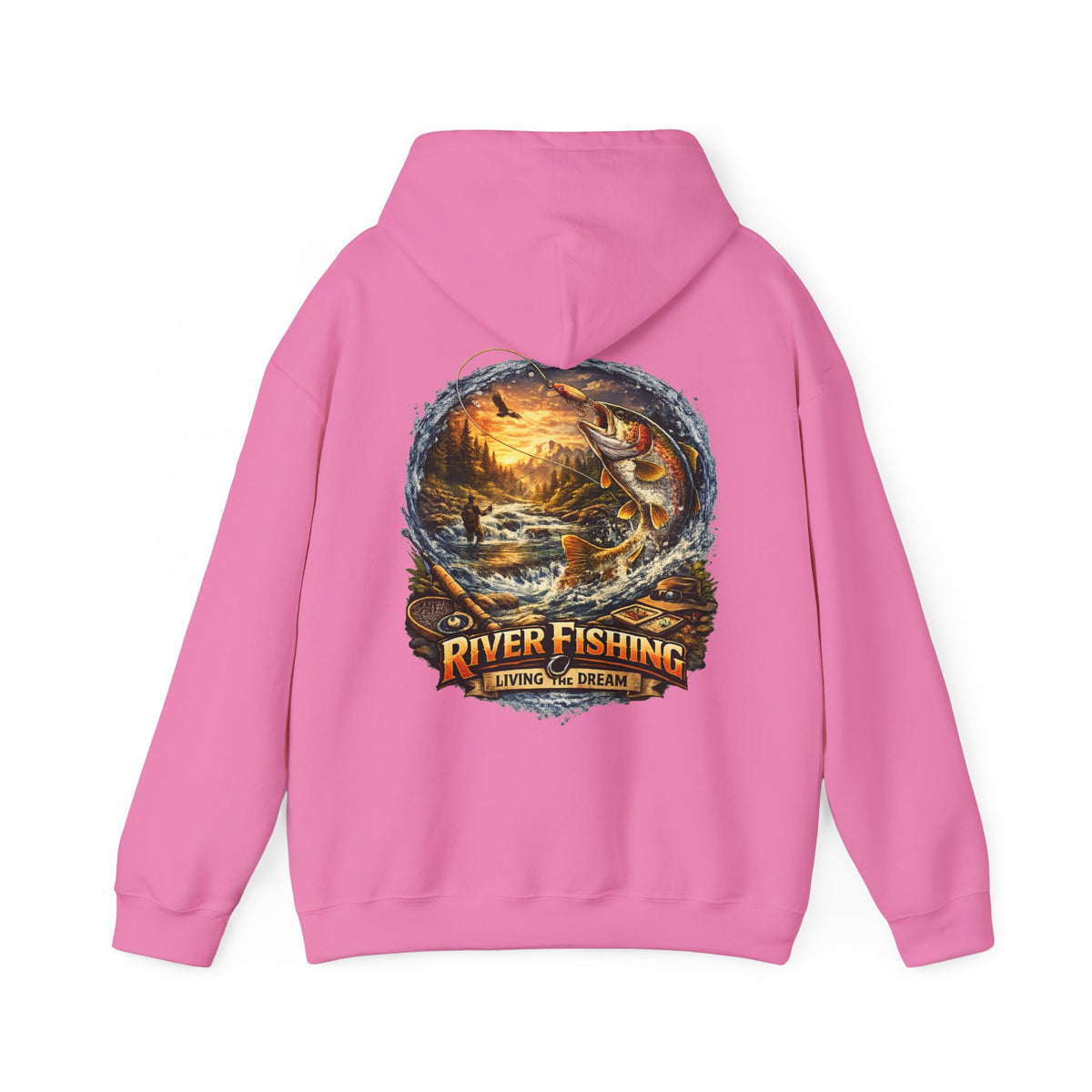 River Fishing Living the Dream Kapuzenpullover mit Rückendruck   Angler Angel-Kapuzenpullover