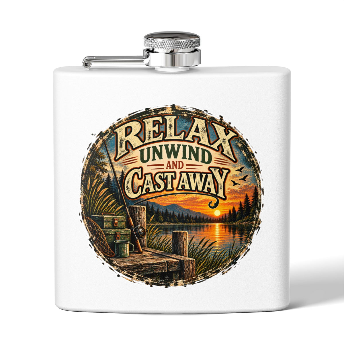 Relax, Unwind & Cast Away Hip Flask – Vintage Fishing Flask
