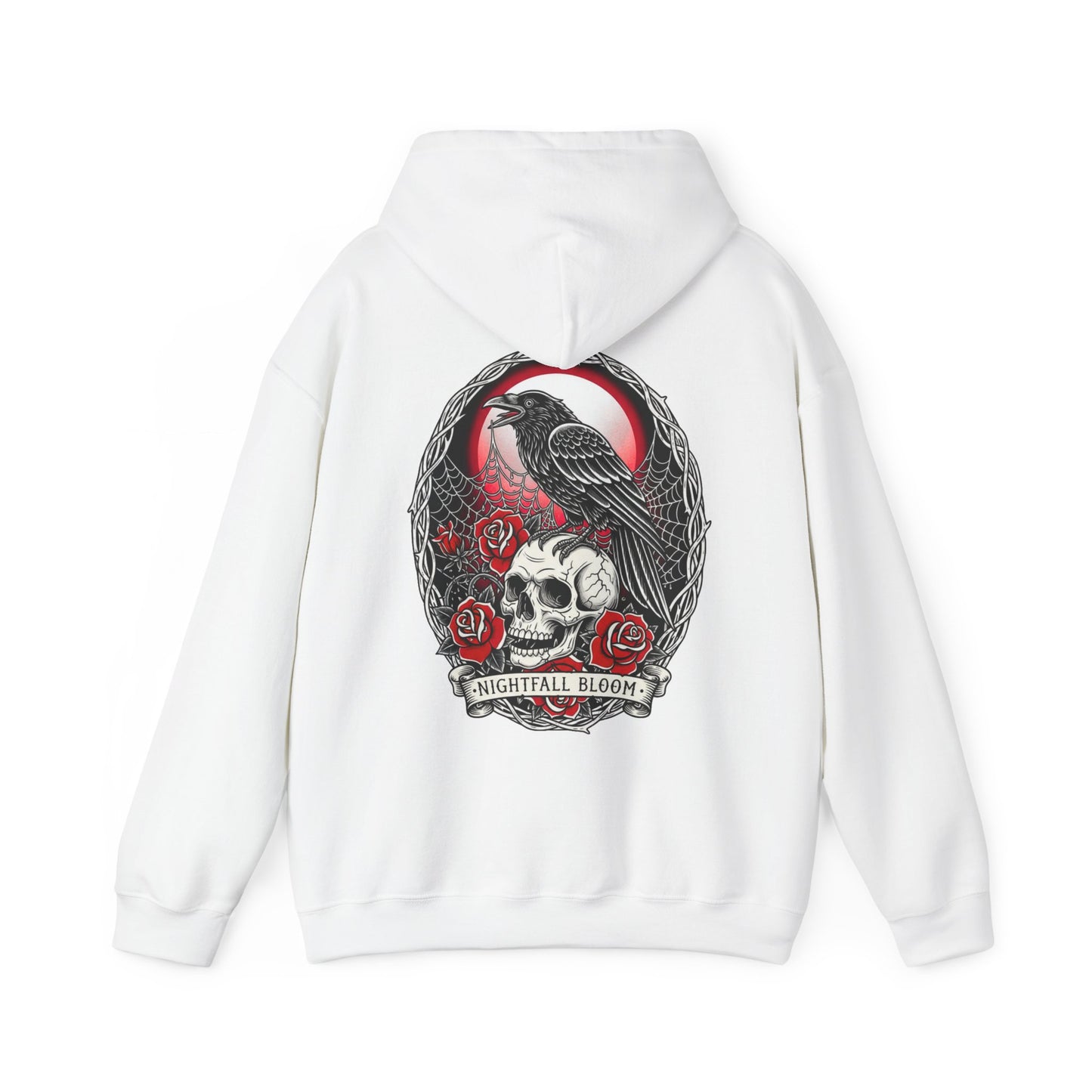Nightfall Bloom Gothic Hoodie – Raven, Skull & Red Rose Halloween Hoodie