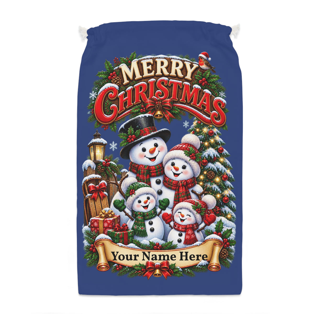 Personalised Snowman Family Christmas Sack – Blue Christmas Gift Sack