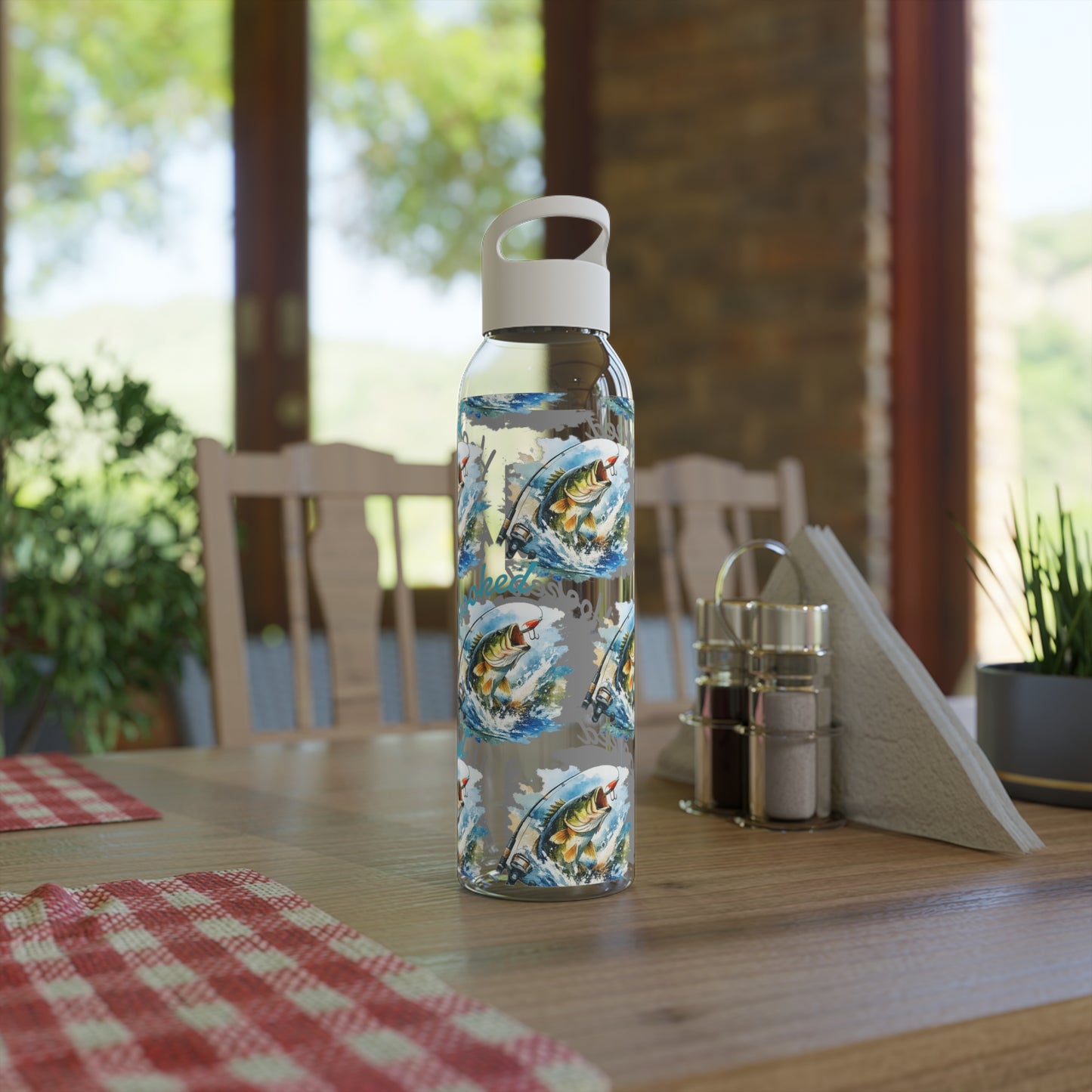 Bouteille d'eau graphique de pêche, poisson accroché, éclaboussures, bouteille de boisson