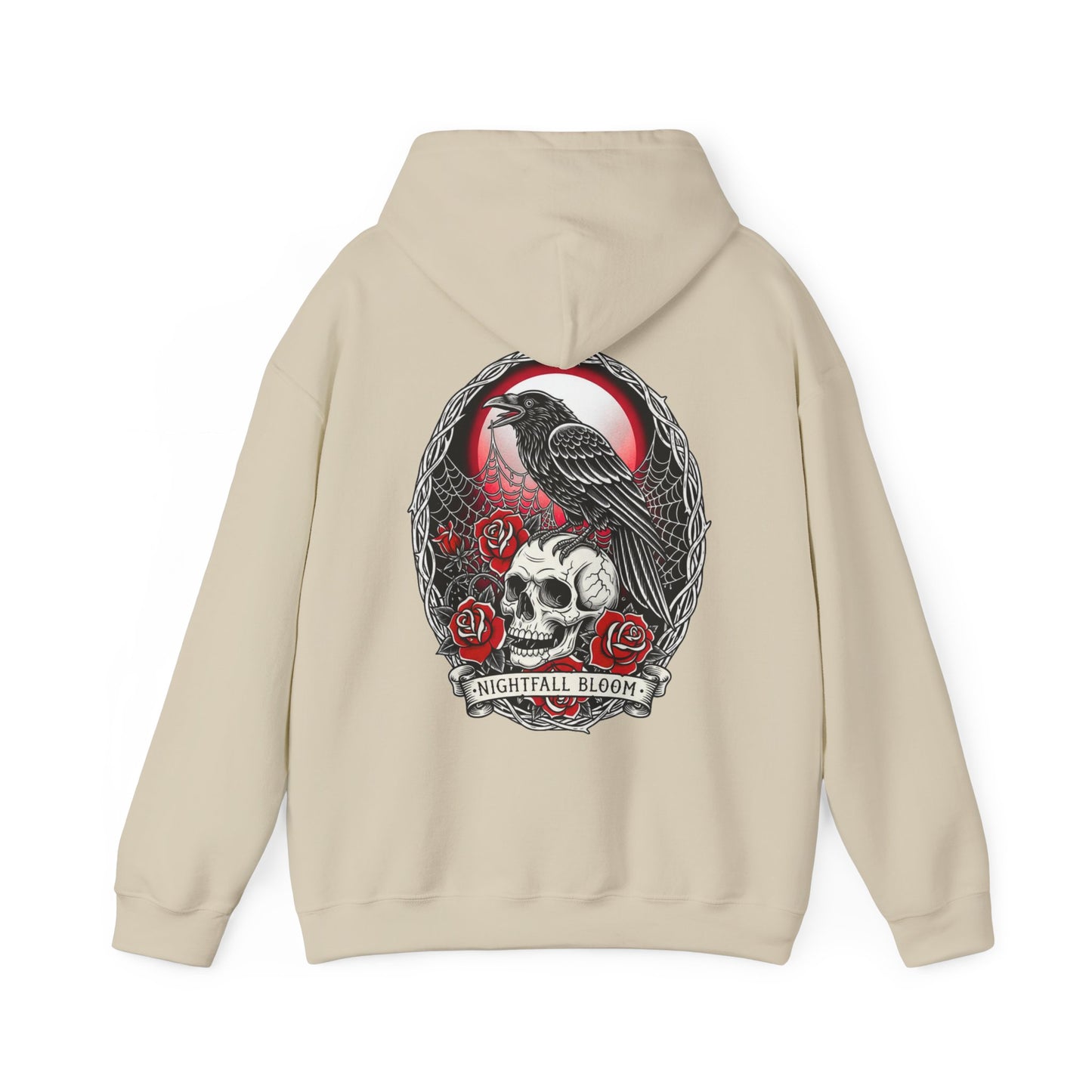 Nightfall Bloom Gothic Hoodie – Raven, Skull & Red Rose Halloween Hoodie