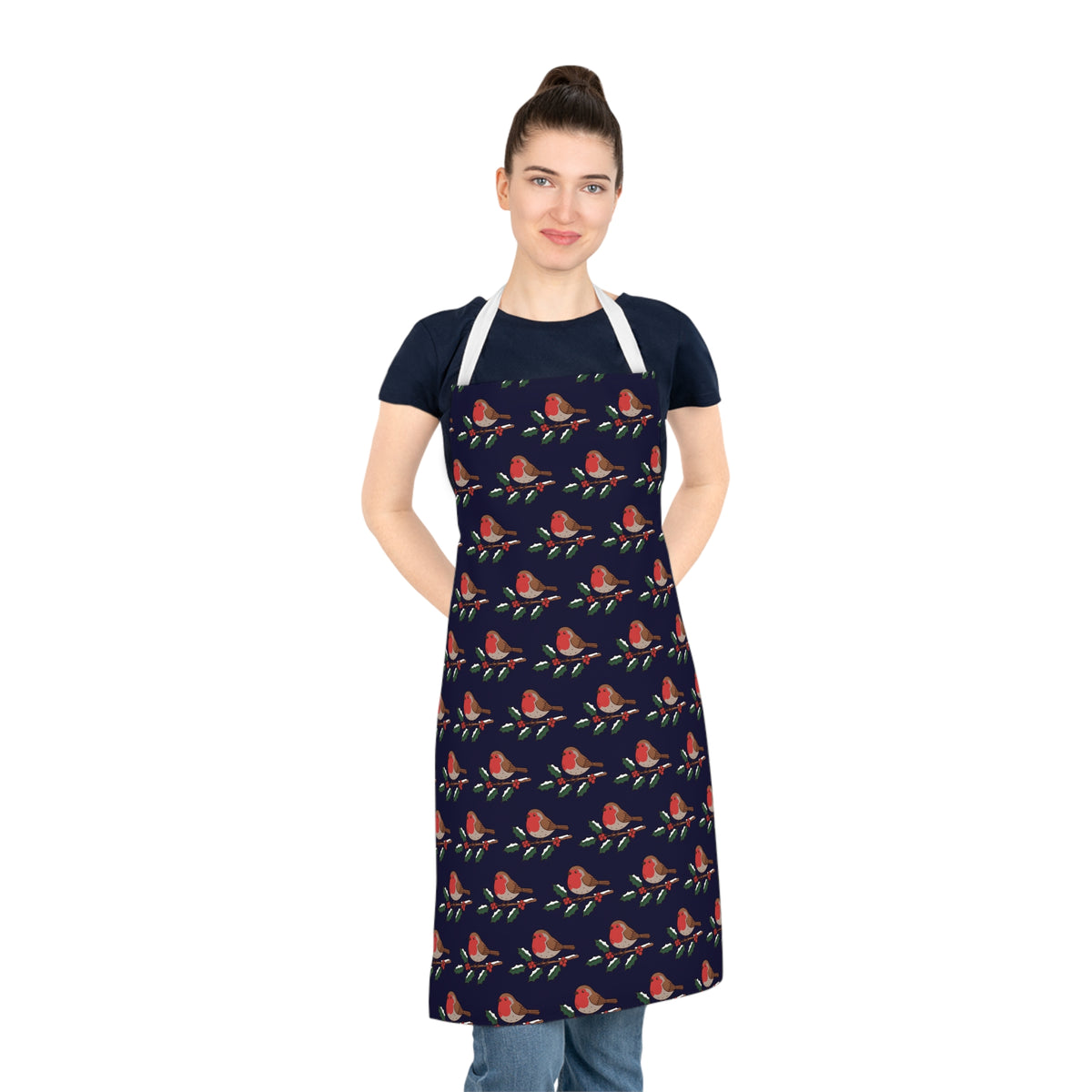 Winter Robin Christmas Apron – Festive Navy Kitchen Apron