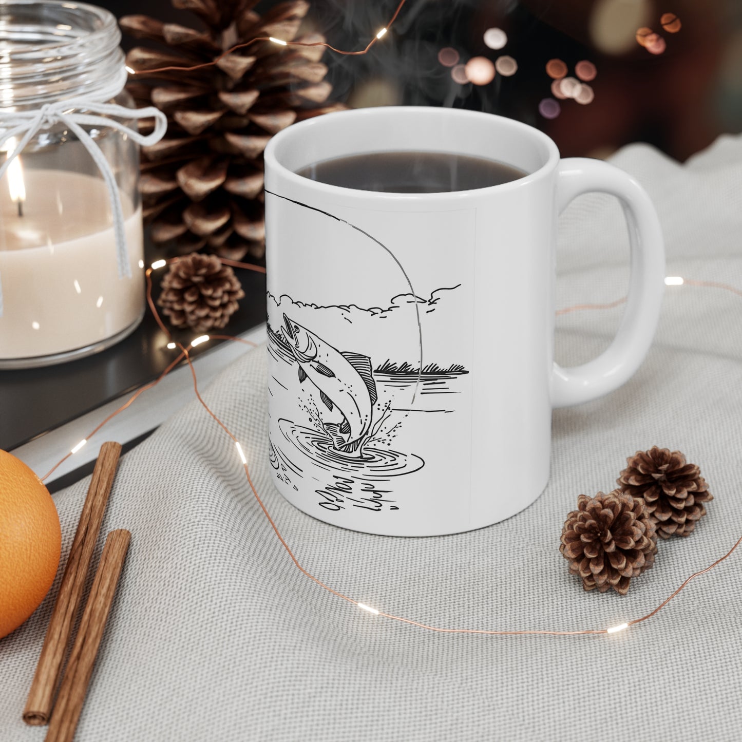 Tasse en céramique « Amis Pêcheurs » 325 ml, illustrée en noir et blanc