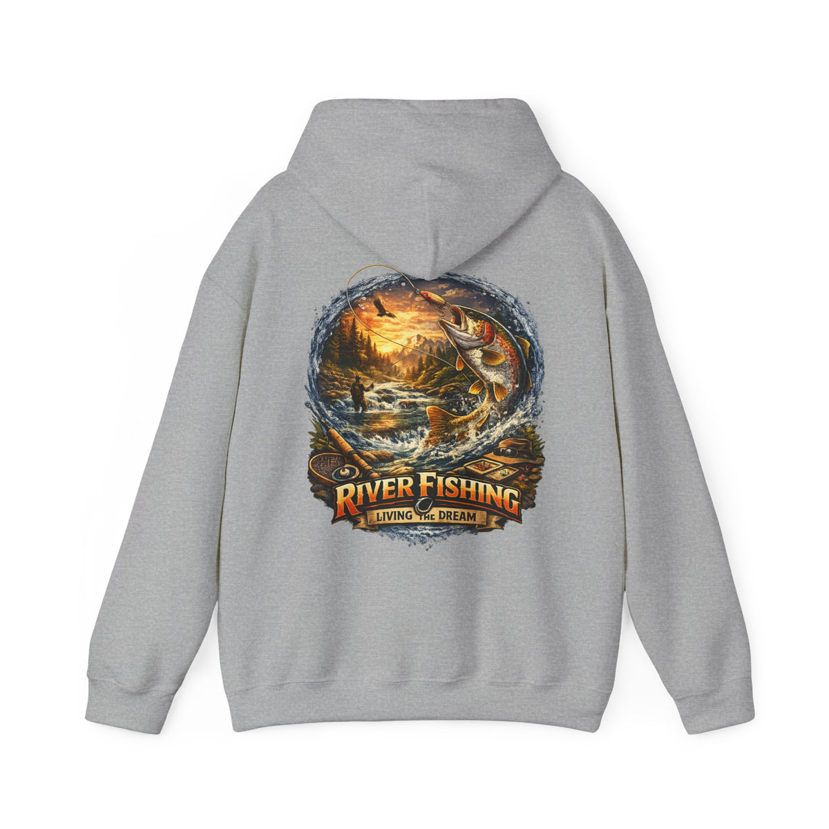 River Fishing Living the Dream Kapuzenpullover mit Rückendruck   Angler Angel-Kapuzenpullover