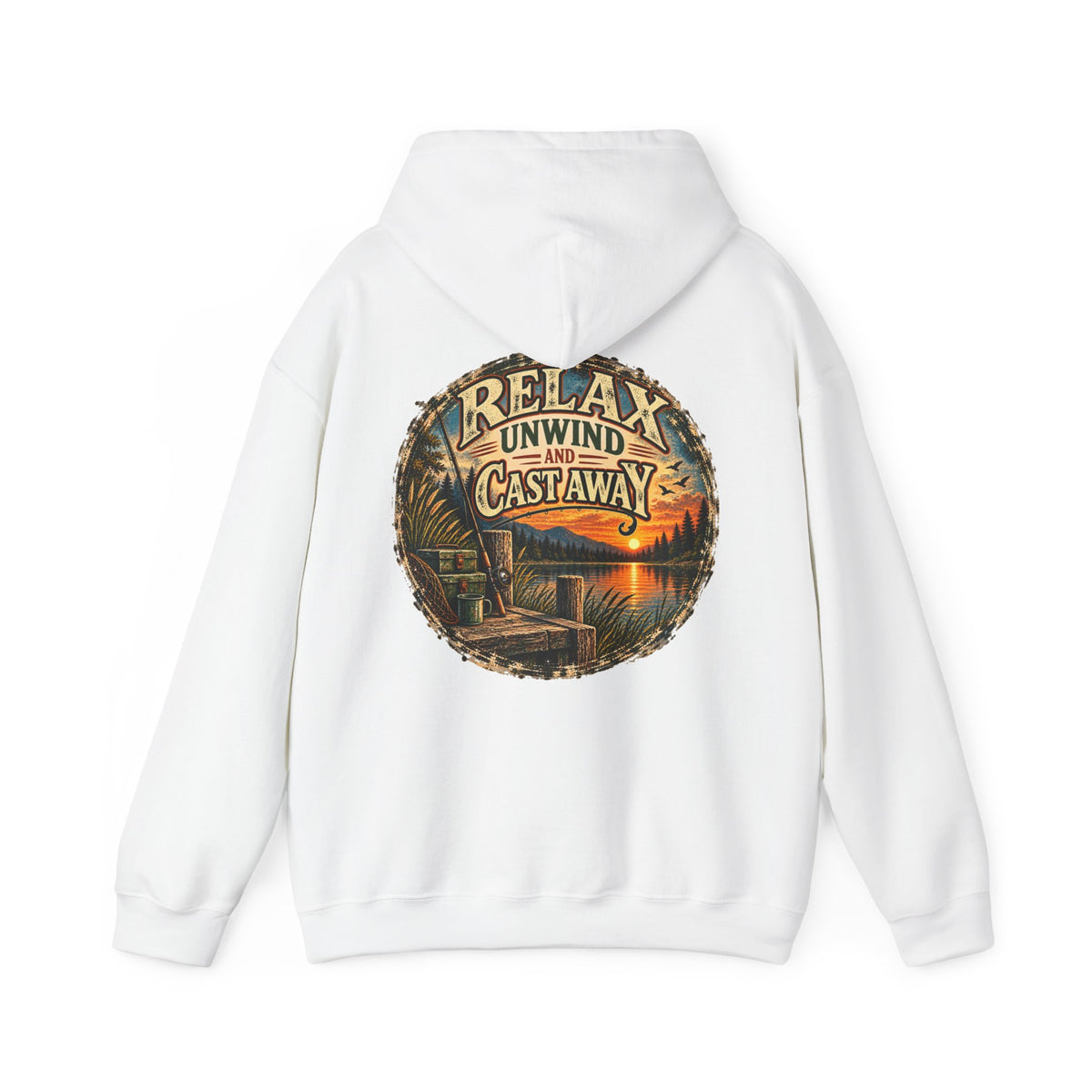 Relax, Unwind & Cast Away Back Print Hoodie – Vintage Fishing Hoodie