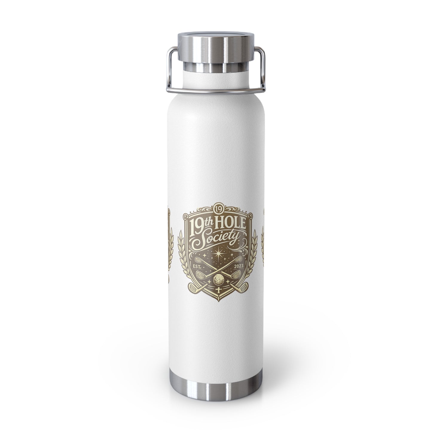 19th Hole Society Insulated Water Bottle | Bronze Crest Golf Flask | Premium Stainless Steel Drinkware