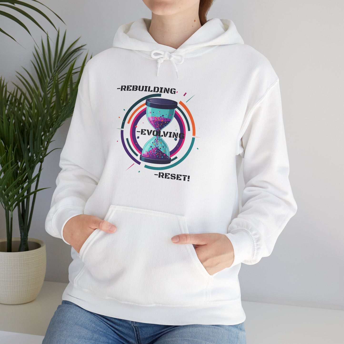 Sweat à capuche graphique inspirant : Reconstruire, Évoluer, Réinitialiser