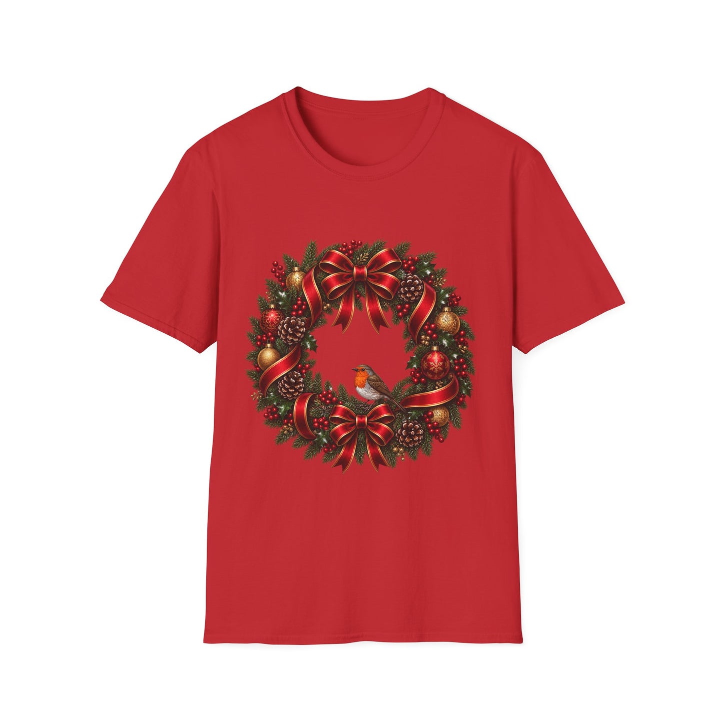 Christmas Wreath & Robin T-Shirt – Festive Botanical Tee