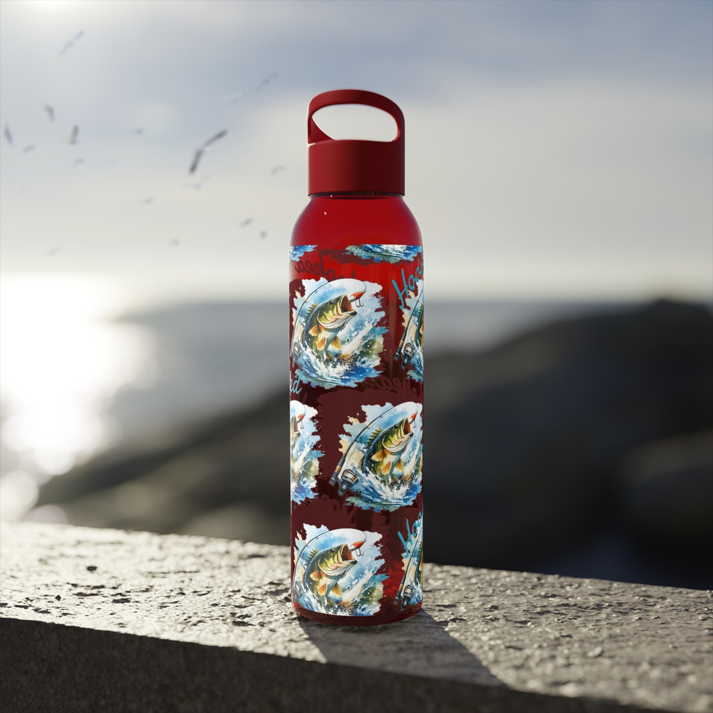 Bouteille d'eau graphique de pêche, poisson accroché, éclaboussures, bouteille de boisson