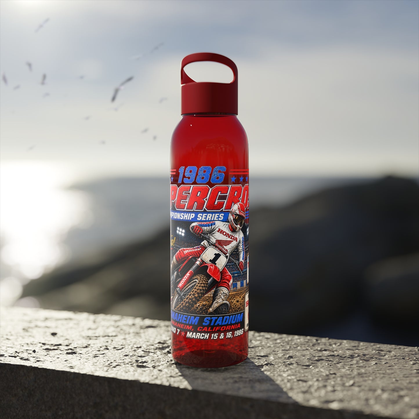 Supercross 1986 Moto Racing Water Bottle  Retro Motocross Champion Design