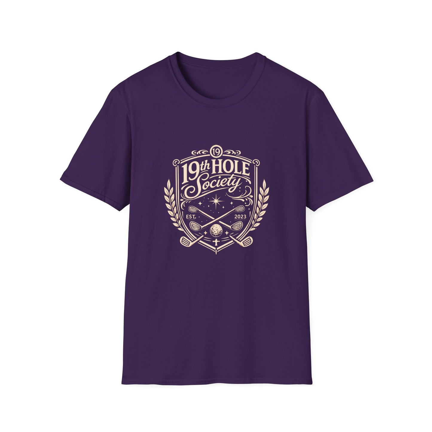 19th Hole Society Golf T-Shirt | Vintage Crest Front Print Tee | Premium Golf Apparel