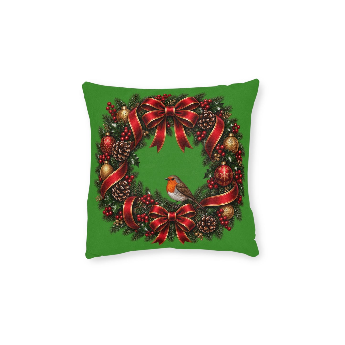 Christmas Wreath & Robin Faux Suede Cushion – Festive Christmas Cushion