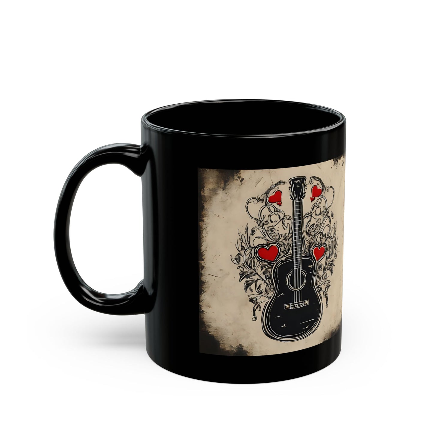 Mug Guitare en acier et cordes sensibles Cœur Thème Country Tasse noire 11oz