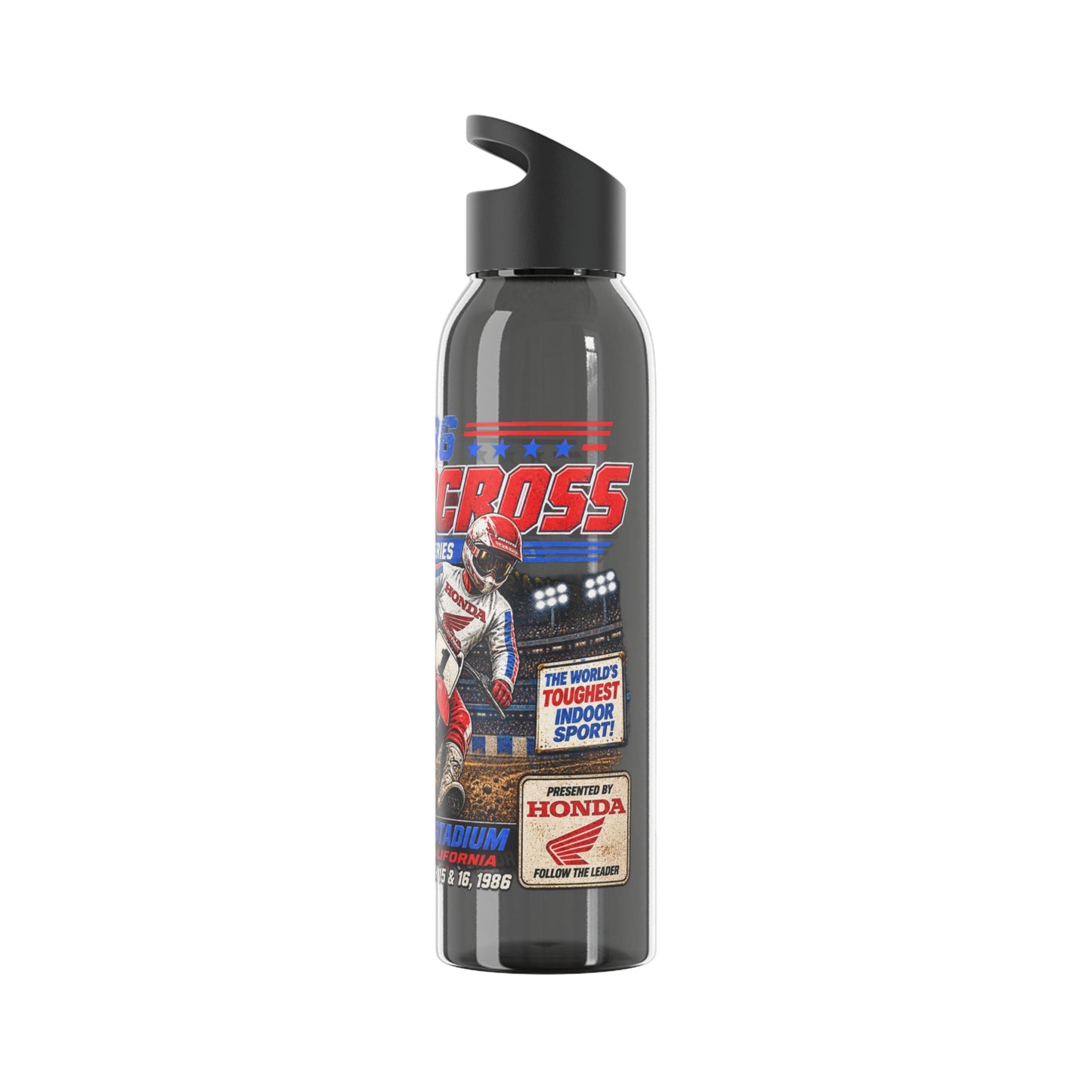 Supercross 1986 Moto Racing Water Bottle  Retro Motocross Champion Design