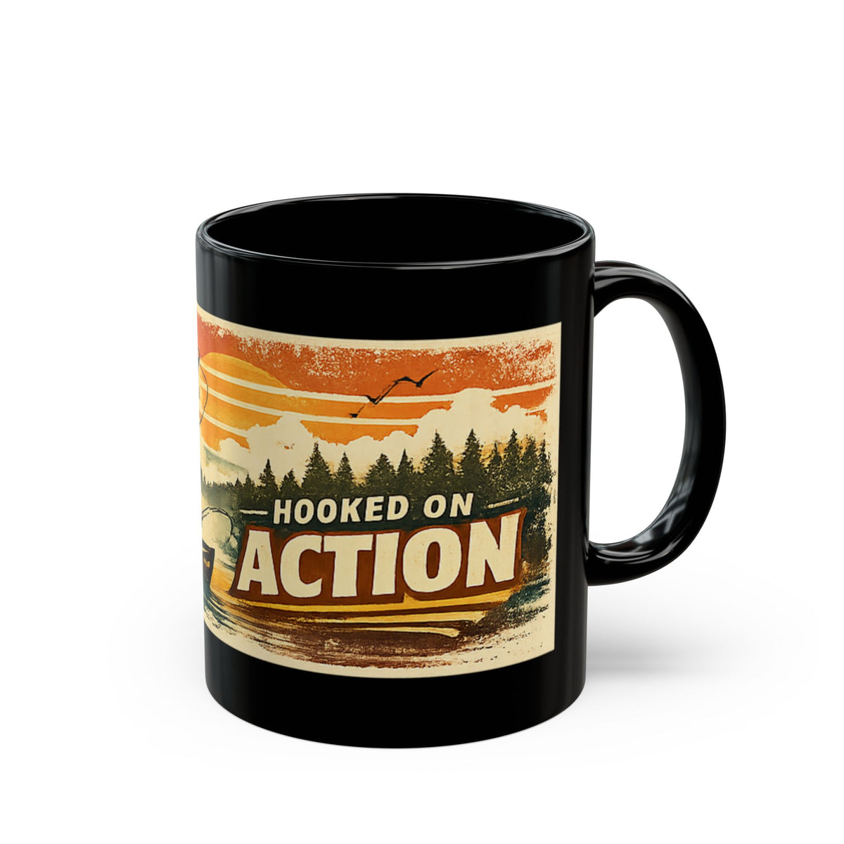 Hooked on Action Black Fishing Mug – Retro Angler Mug
