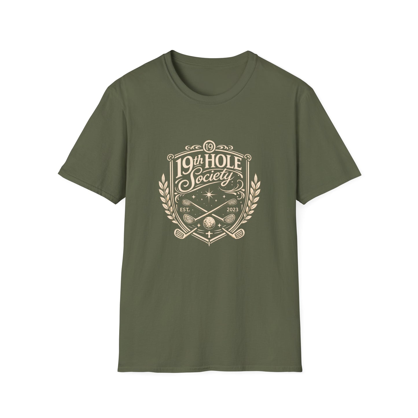 19th Hole Society Golf T-Shirt | Vintage Crest Front Print Tee | Premium Golf Apparel