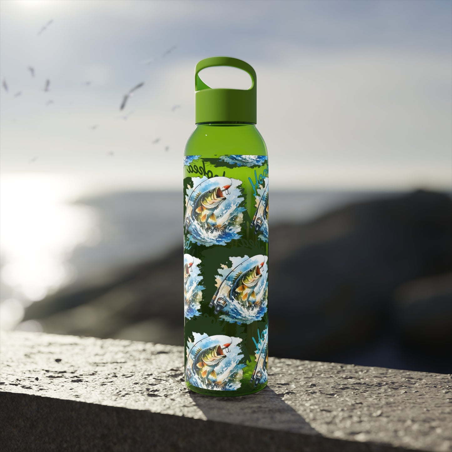 Bouteille d'eau graphique de pêche, poisson accroché, éclaboussures, bouteille de boisson