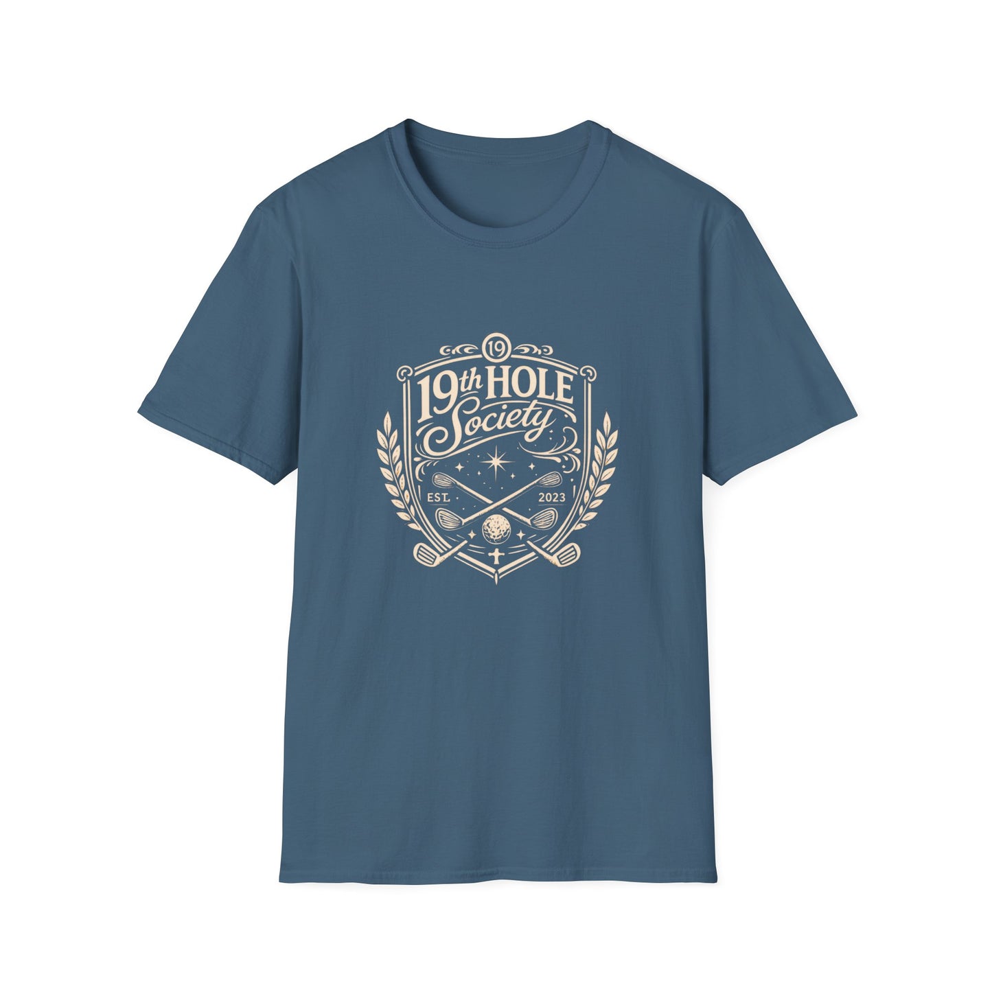 19th Hole Society Golf T-Shirt | Vintage Crest Front Print Tee | Premium Golf Apparel