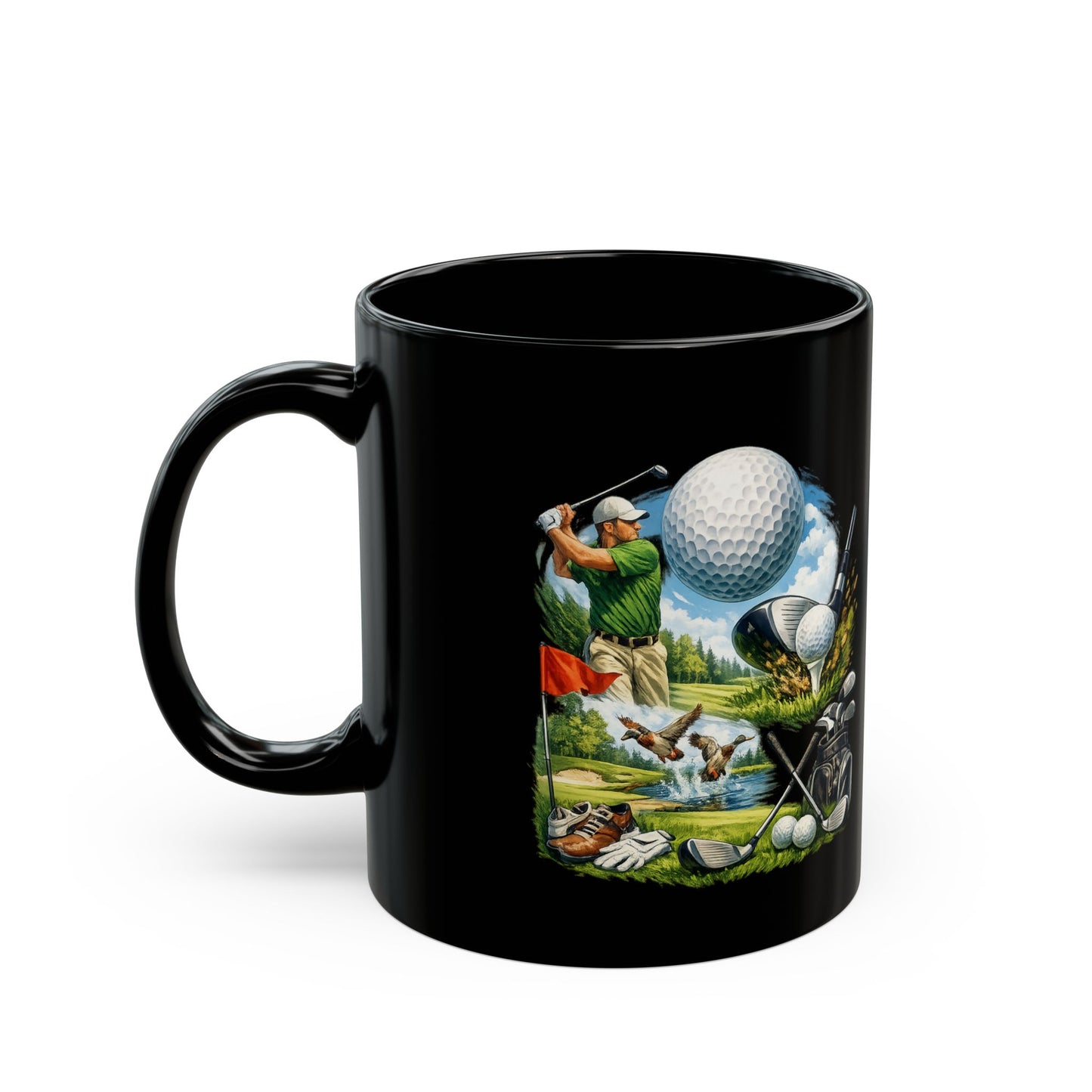 Mug en céramique noire scène de golf     Mug de 325 ml avec illustration sur le thème du golf