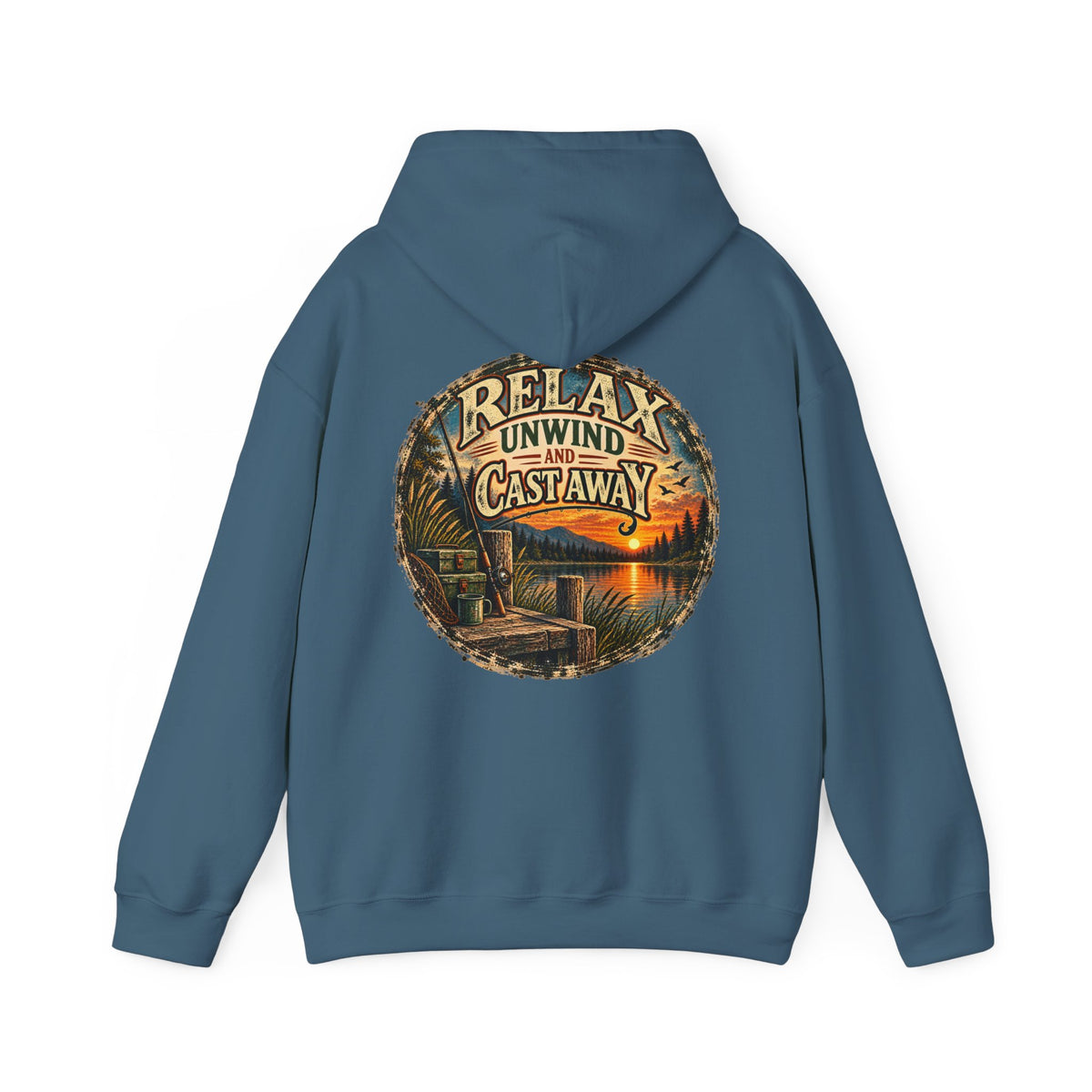 Relax, Unwind & Cast Away Back Print Hoodie – Vintage Fishing Hoodie
