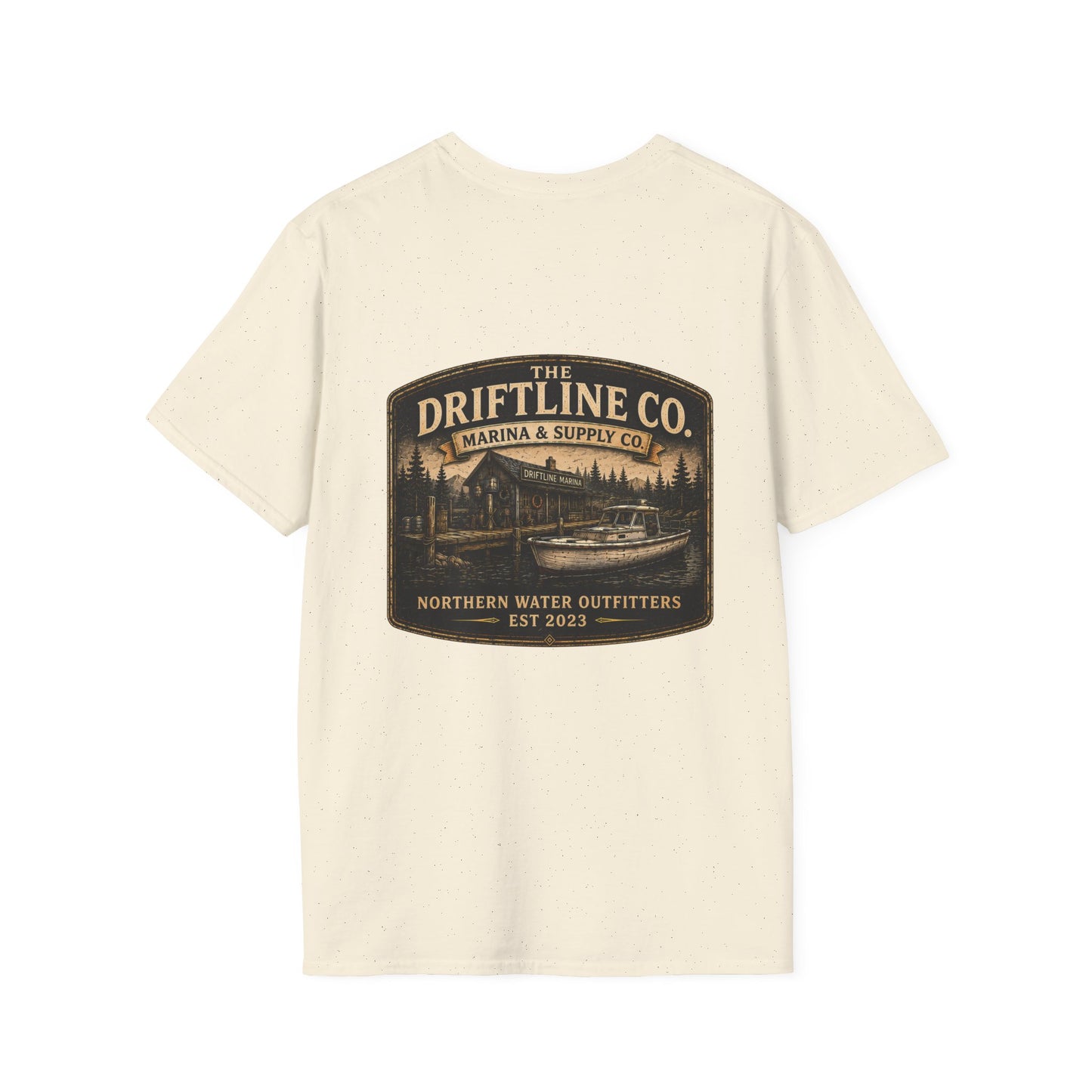 The Driftline Company Marina & Supply Co. Northern Water Outfitters Double-Sided T-Shirt | Vintage Fishing & Boating Tee