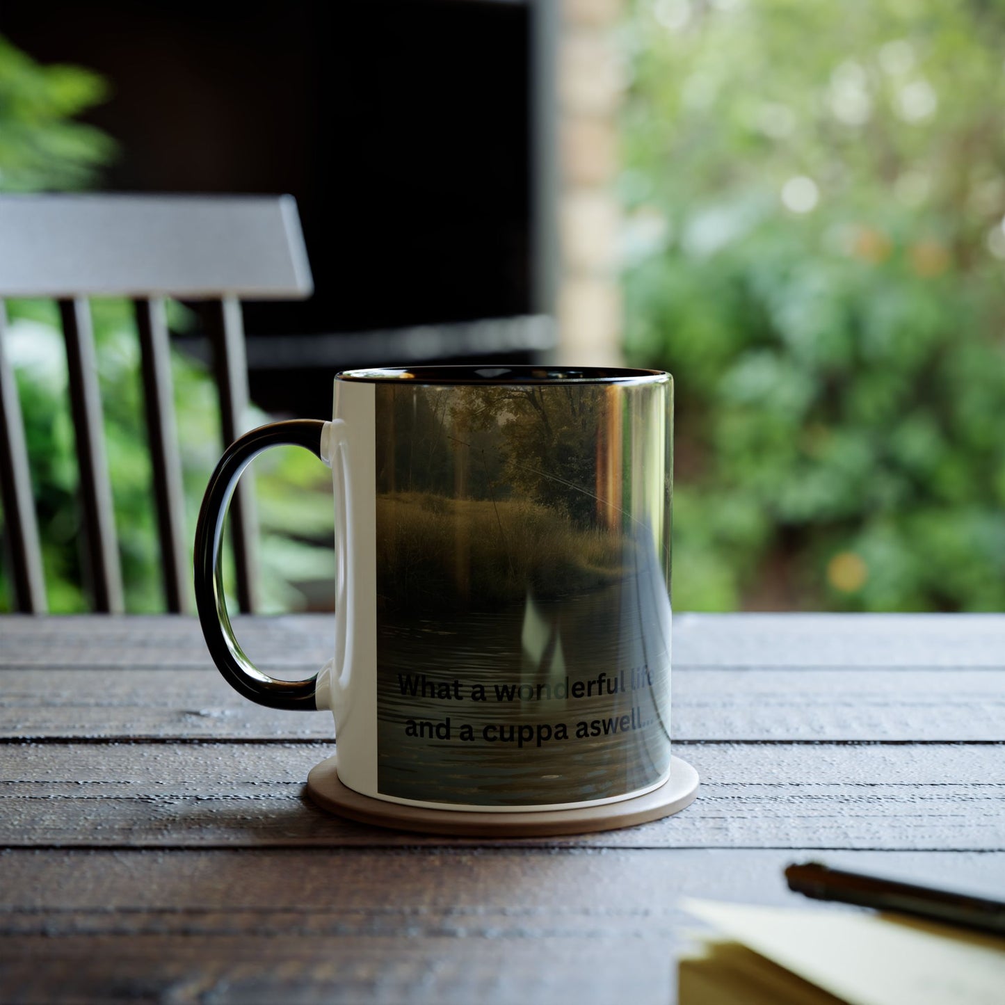 Two-Tone Coffee Mug -  Fishing Scene, with lifestyle Quote for Relaxation,