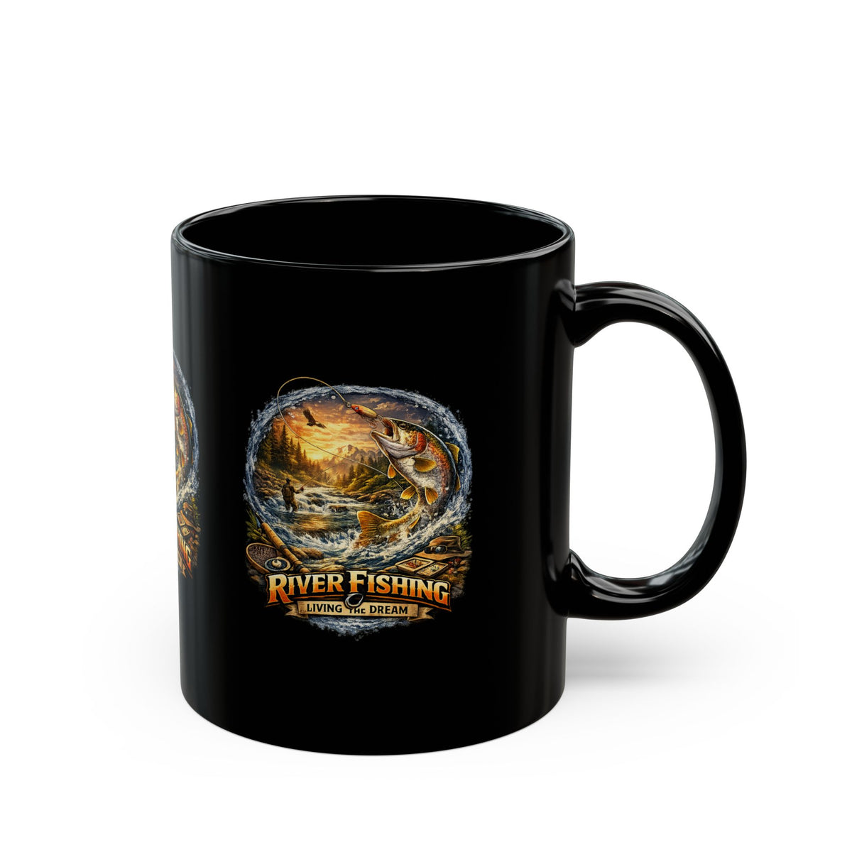 Keramiktasse Angeln am Fluss Lebe den Traum Kaffeetasse Schwarz (325 ml)